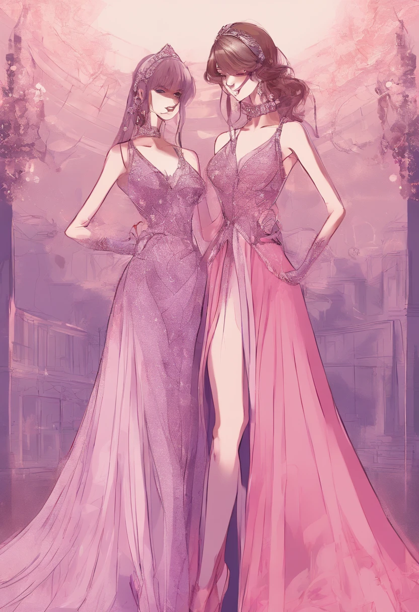 two girls in dresses are standing next to each other, high fashion themed, stunning art style, inspired by Bob Singer, glitter dress, hollywood style, award fashion, diamond shimmering dress, fashion designer, cartoon style, glamor pose, my dress up darling anime, royal style, flashy flash elegant, in long pink or violet dresses, wearing a sparkling dress