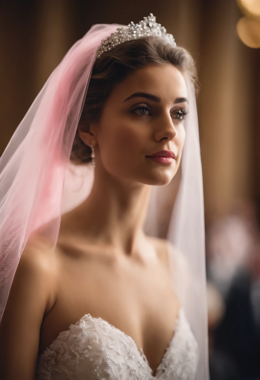 upper body photograph of 1 girl dressed as a bride with large transparent veil and pink color dressA breathtaking artistic photograph of a civil wedding ceremony at the courthouse, ultra reality high quality, wide shot, bride,
