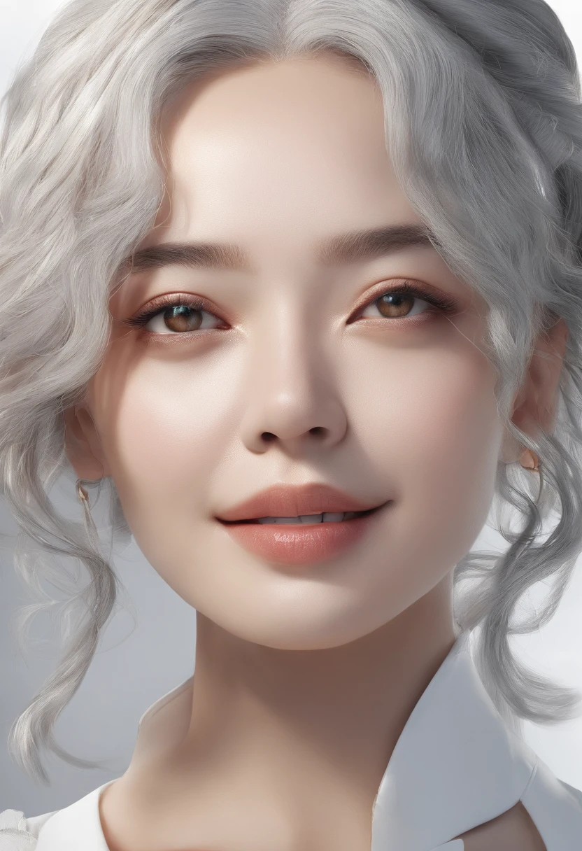 Top quality, High image quality, Masterpiece, Gray hair, Golden eyes, White clothes, Looking up, Upper body, Hairline, Fair skin, Side braids, Smiling, double teeth,Beautuful Women
