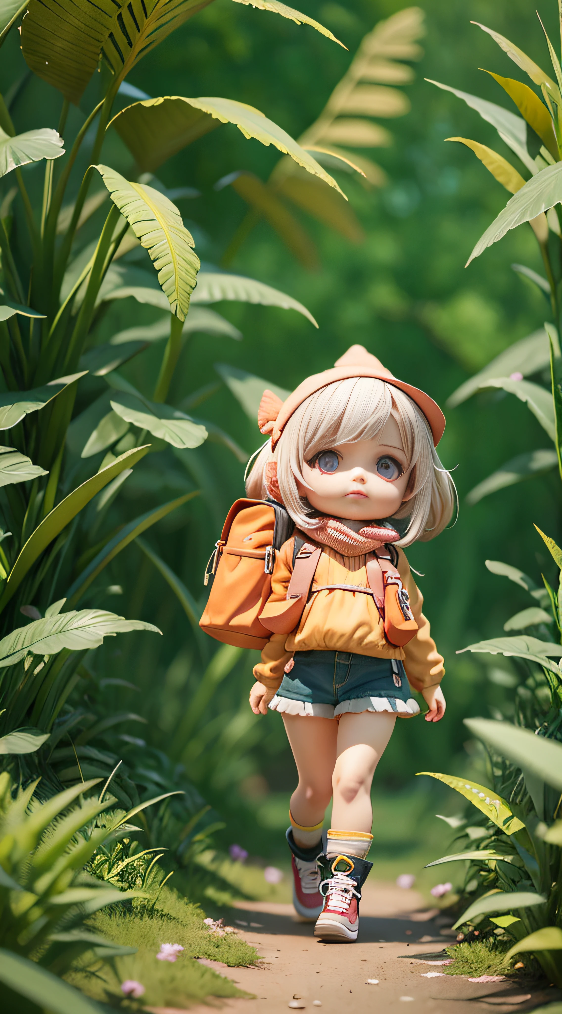 There is a poster with a cartoon character in a hat and backpack, female explorer mini cute girl, walking in the wilderness, flower jungle, animation style rendering, cute 3 D rendering, small characters. Unreal Engine 5, stylized anime, cute detailed digital art, Atey Ghailan 8 K, stylized 3D rendering, adventure surreal rendering, anime style 3D, 3D rendering stylized