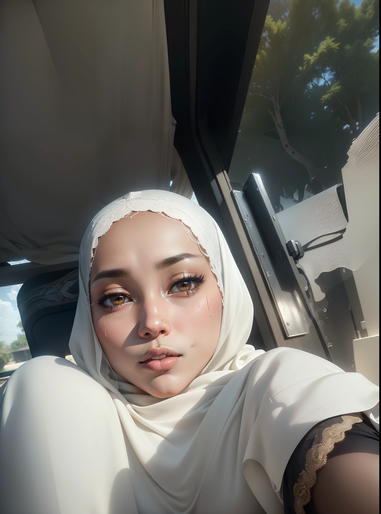 a photo portrait of a beautiful malay girl with hijab and nudes, (white hijab), (medium shot portrait:1.3), dramatic light , Rembrandt lighting scheme, (hyperrealism:1.2), (8K UHD:1.2), (photorealistic:1.2), shot with Canon EOS 5D Mark IV, detailed face, detailed skin texture, nipples, pussy