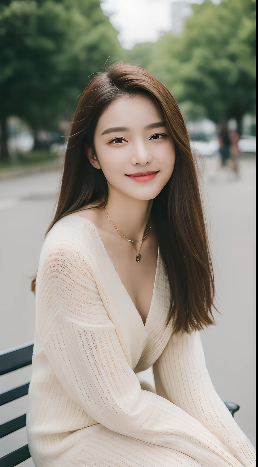 ((top quality, 8k, masterpiece: 1.3)), focus: 1.2, perfect body beauty: 1.4, buttocks: 1.2, (((delicate hair)), (sweater dress: 1.1), (sports car, street: 1.2), highly detailed face and skin texture, narrow eyes, double eyelids, whitened skin, smile, necklace, ring, person sitting on a park bench.