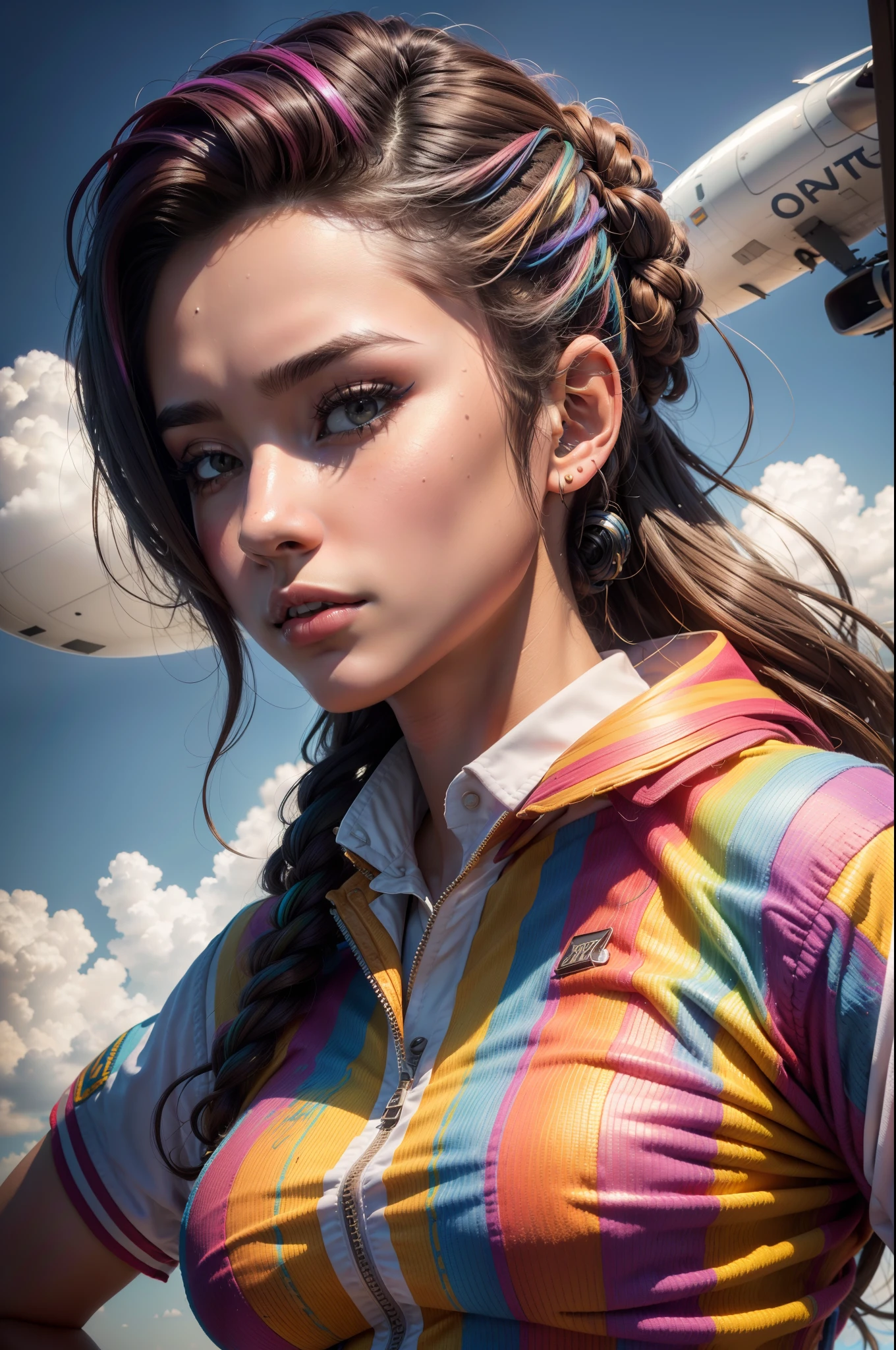 ULTRA HDR 16K , obra prima , mulher de jovem , Stewardess , cabelo comprido , in stewardess clothes, Tema escuro tons suaves coloridos suaves ,Alto contraste ,(textura natural da pele, hiper-realismo,Crisp soft light ) fundo vermelho , airplane background
