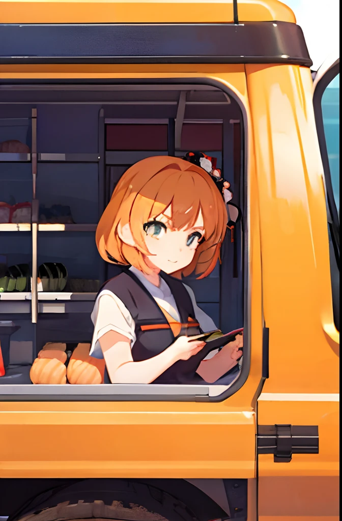 Anime girl in a orange truck making sushi
