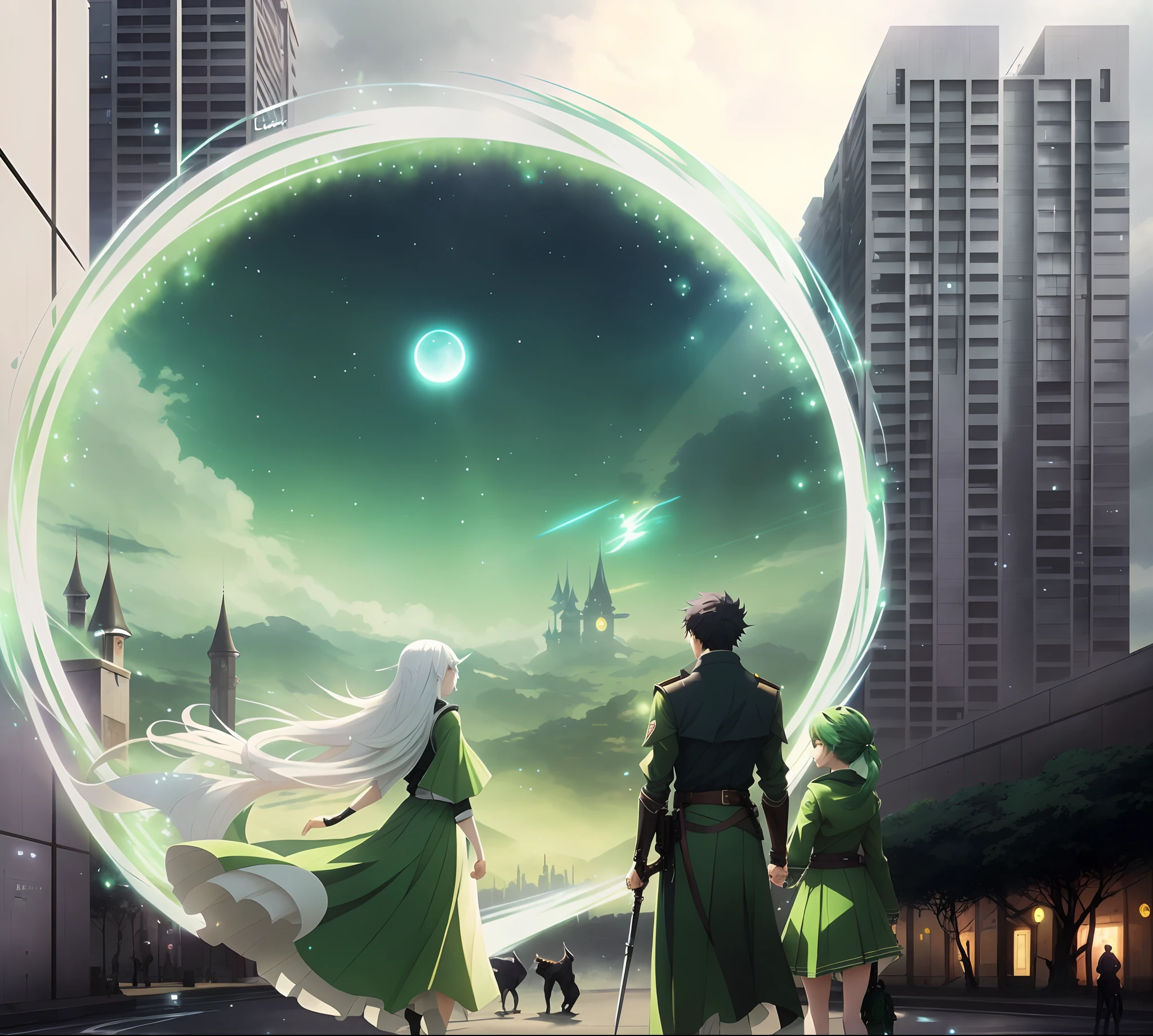 A magician，Face away from the picture，long  white hair，Green eyes，White with green accents，Hold a magic wand，Depict a circle of light，At her feet is a city of reinforced concrete，Within the aperture is a fairytale-like green meadow，Among them is a tree full of white flowers，To his right is a young man，Face away from the picture，dark brown  hair，Green clothes，A sword was pinned to his waist，On the right is a young woman，Face away from the picture，Light green hair，green uniform，Green butterfly hairpin, in front of a fantasy city, 2. 5 D CGI anime fantasy artwork, Anime fantasy illustration, key art, Anime fantasy artwork, Makoto Shinkai e Tom Bagshaw, anime key visual concept, Epic light novel art cover, concept art magical highlight, beautiful fantasy anime, Stylized urban fantasy artwork