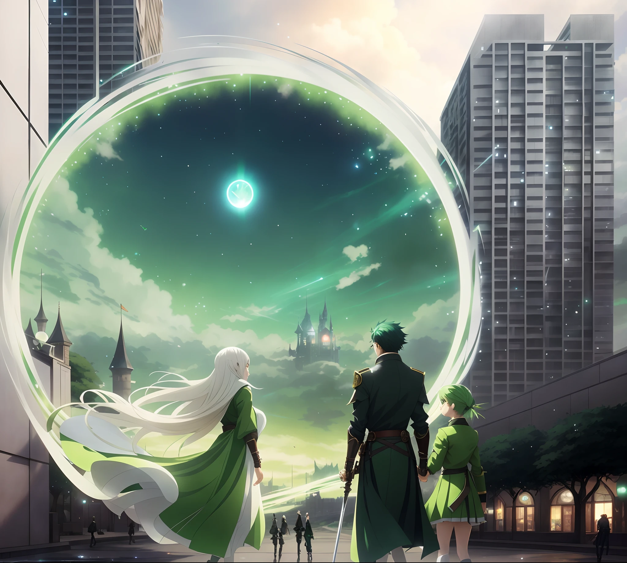 A magician,Face away from the picture,long white hair,Green eyes,White with green accents,Hold a magic wand,Depict a circle of light,At her feet is a city of reinforced concrete,Within the aperture is a fairytale-like green meadow,Among them is a tree full of white flowers,To his right is a young man,Face away from the picture,dark brown hair,Green clothes,A sword was pinned to his waist,On the right is a young woman,Face away from the picture,Light green hair,green uniform,Green butterfly hairpin, in front of a fantasy city, 2. 5 D CGI anime fantasy artwork, Anime fantasy illustration, key art, Anime fantasy artwork, Makoto Shinkai e Tom Bagshaw, anime key visual concept, Epic light novel art cover, concept art magical highlight, beautiful fantasy anime, Stylized urban fantasy artwork