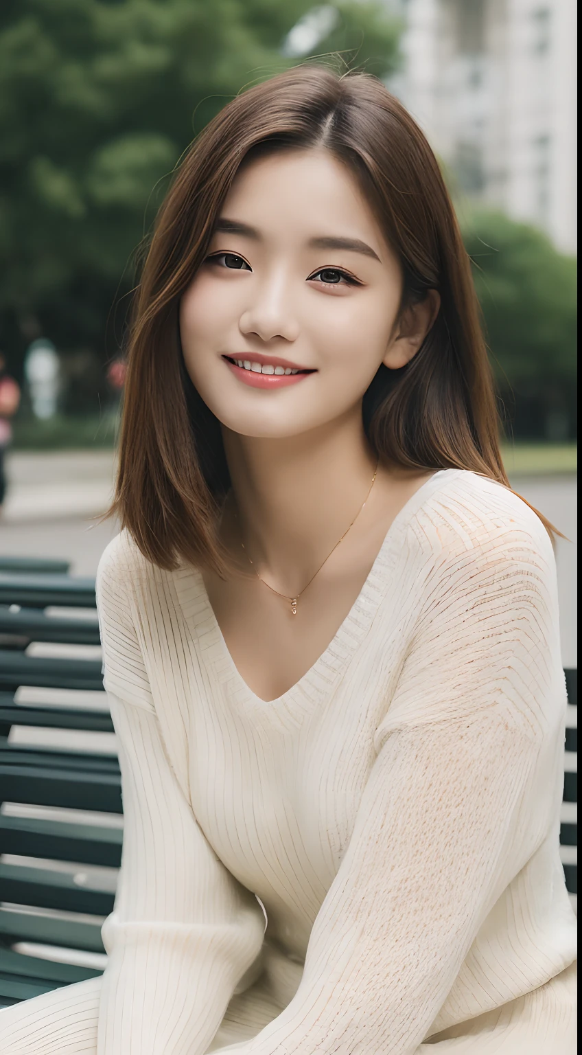 ((top quality, 8k, masterpiece: 1.3)), focus: 1.2, perfect body beauty: 1.4, buttocks: 1.2, (((delicate hair)), (sweater dress: 1.1), (sports car, street: 1.2), highly detailed face and skin texture, narrow eyes, double eyelids, whitened skin, smile, necklace, ring, person sitting on a park bench.