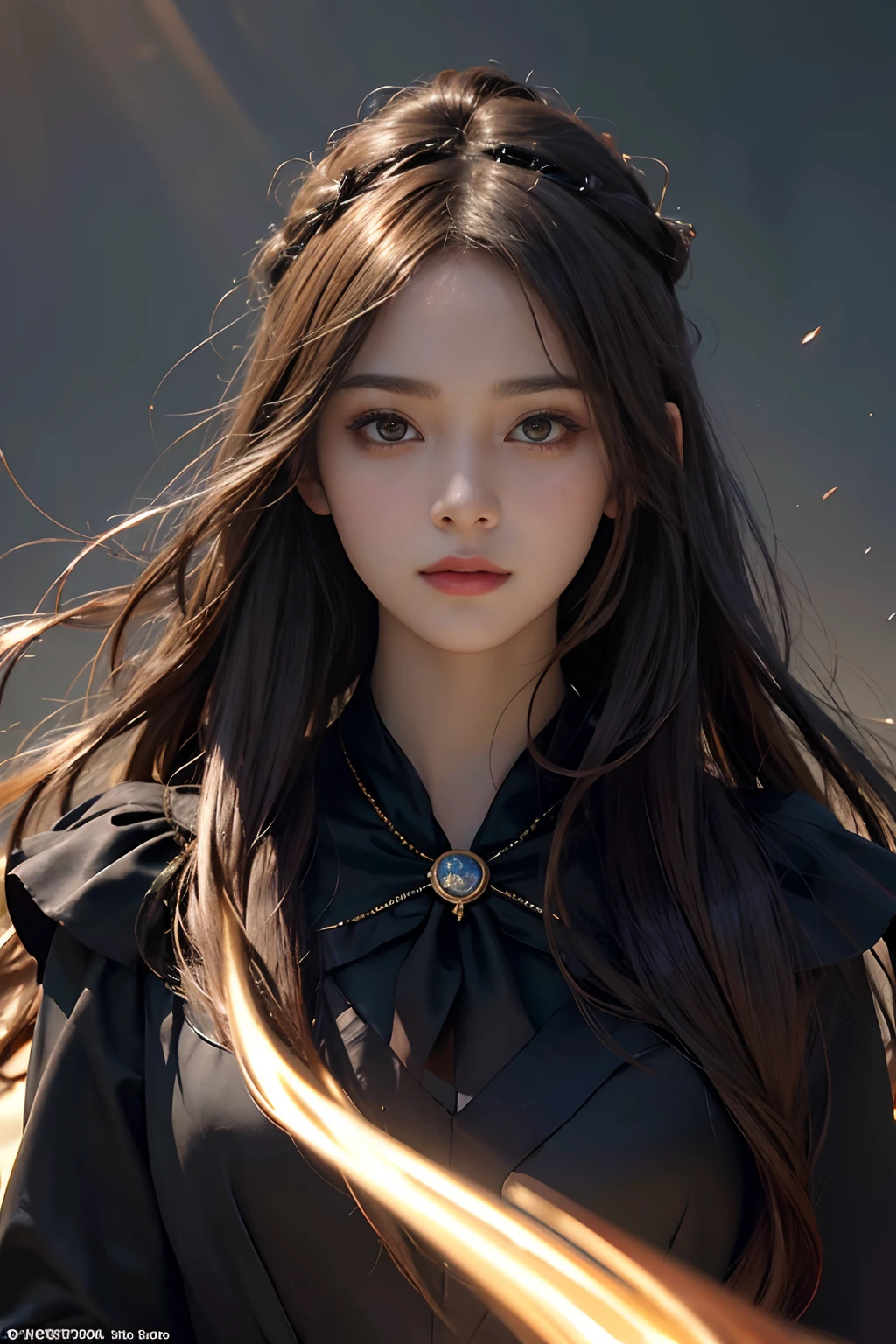 (Front focus)、(dark: 1.6)、Hyperrealist female portrait by Alphonse Mucha、Fantasy Art、photoRealstic、Dynamic Lighting、art stations、poster for、Volume Lighting、extra detailed face、4 K、Award-winning、 女の子1人、up of face、Beautiful white face、big eye、tiny chest、in the darkness nigth、deep-shadows、lowkey、(formal outfit:1.4)、Long chestnut hair swaying in the wind、