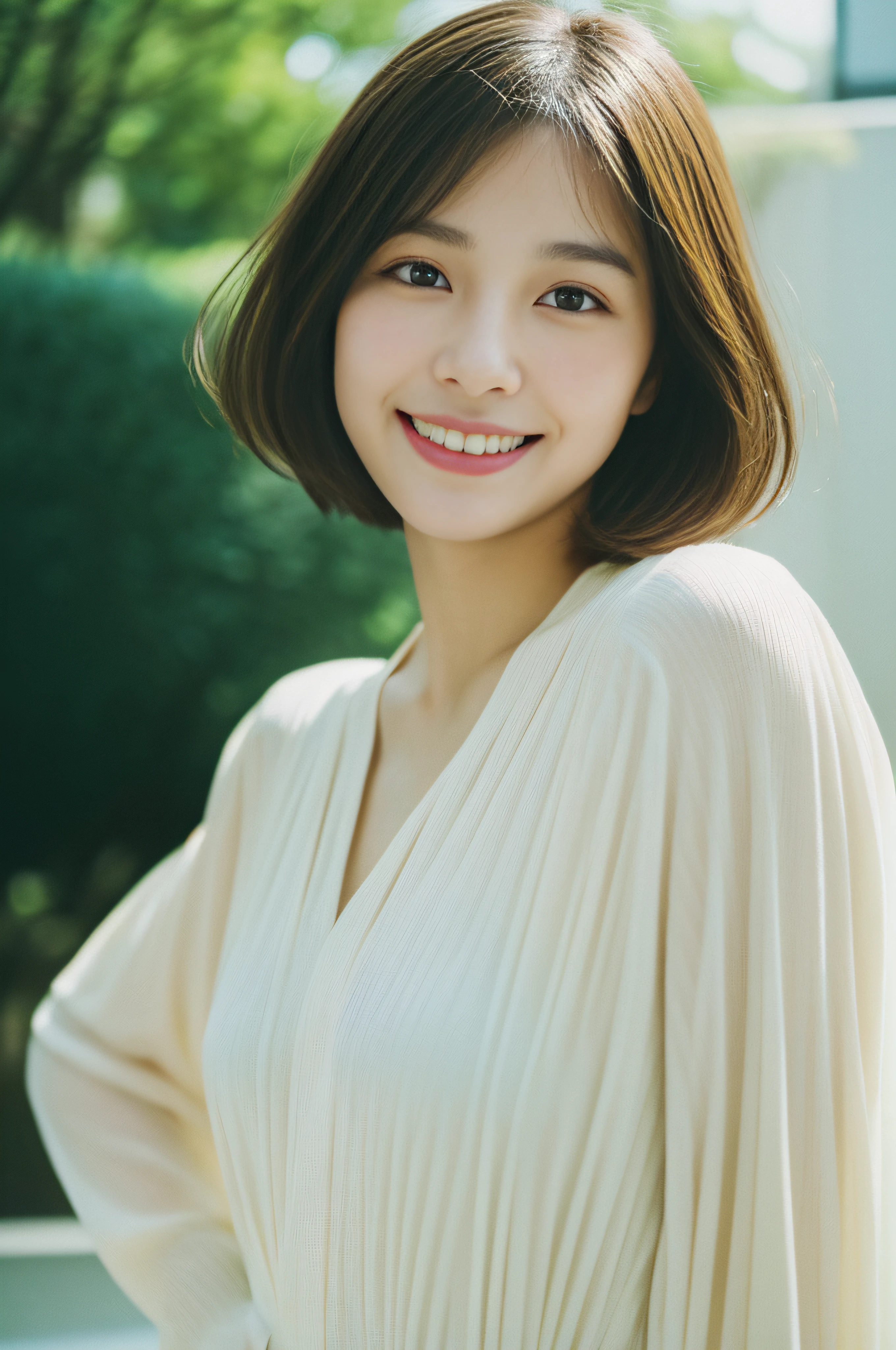 (Best Quality, Masterpiece, Ultra High Definition, High resolution, highly detailed, High Definition Face, clear pictures, HDR:1.5), (24-year-old woman:1.3), (close-up photo of face, eyes be visually in focus:1.3), 1 beautiful woman, (Japanese Mixed Race Beautiful woman:1.5), (beautiful eyes, light in the eyes), The facial features are clear, white skin, Glossy, very Fair skin, shiny skin, (film photography style:1.2), violently fluttering hair, very smile, Cute face, short cut perm hair, 8 life size,