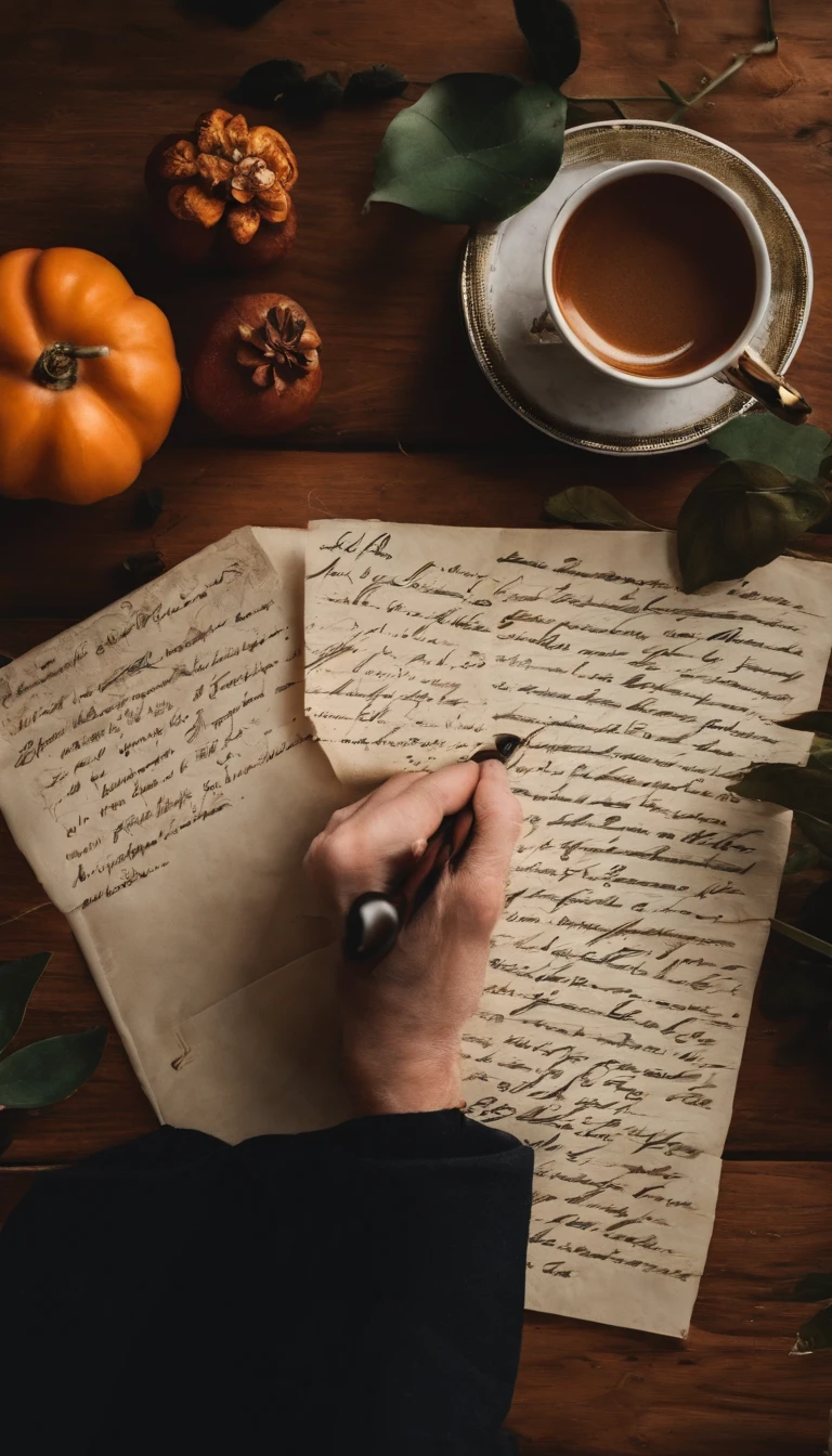 A handwritten letter,Placed on the table,It's a top-down perspective,There are scattered photos next to it