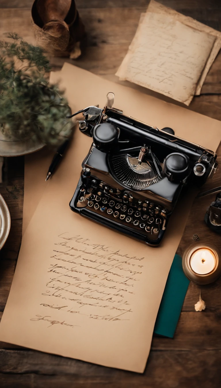A handwritten letter,Placed on the table,It's a top-down perspective,There are scattered photos next to it