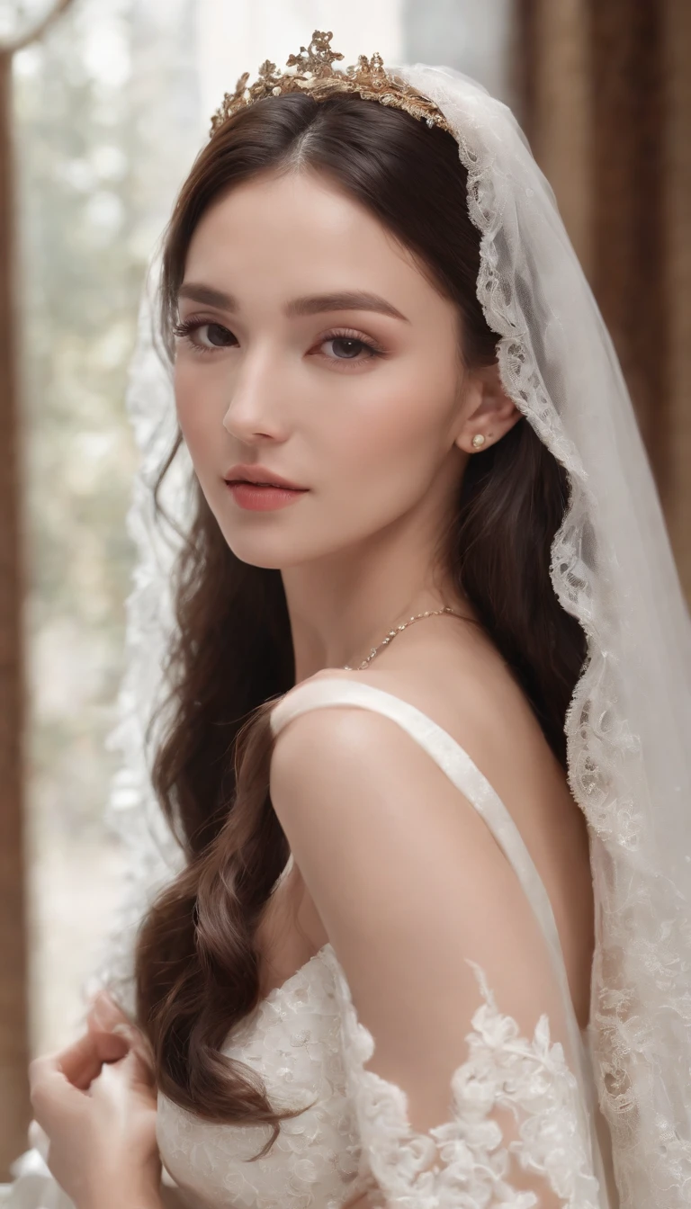 (professional 3d render:1.3) af (Realistic:1.3) most beautiful artwork photo in the world,tmasterpiece,best qualtiy,Private room photos,Star Girl,wedding photo,Full body photo of the front,No chest baring,Breasts become enlarged,Shoulders exposed,No navel,show legs,black lence stockings,White heels,Horsetail hair,Black color hair,Seductive expressions,White wedding dress,Lace craftsmanship,Dignified temperament,still face,Full body photo,Private photos,Angel wings,Angel face,necklace gold,White jade bracelet,Silver-toned stud earrings,White cape