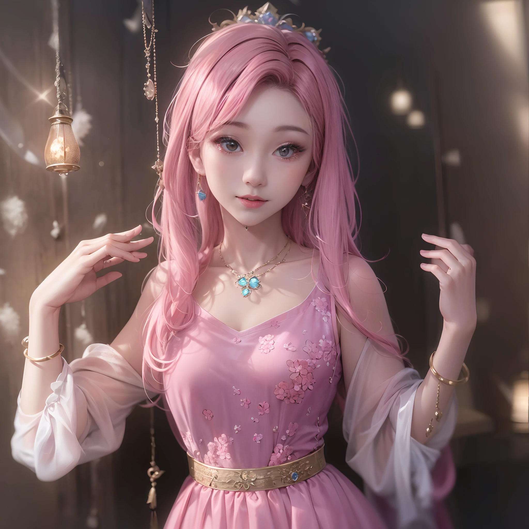 Best quality, Masterpiece, A high resolution, 1girll,china dress,hair adornments,necklace, jewelry,Beautiful face,Tyndall effect,Photorealistic, Dark Studio, rim lit, twotonelighting,(highdetailskin:1.2), 8K Ultra HD, Digital SLR, Soft lighting, High quality, voluminetric lighting, candid, photographed, high resolution, 4K, 8K, Bokeh, Pink hair,