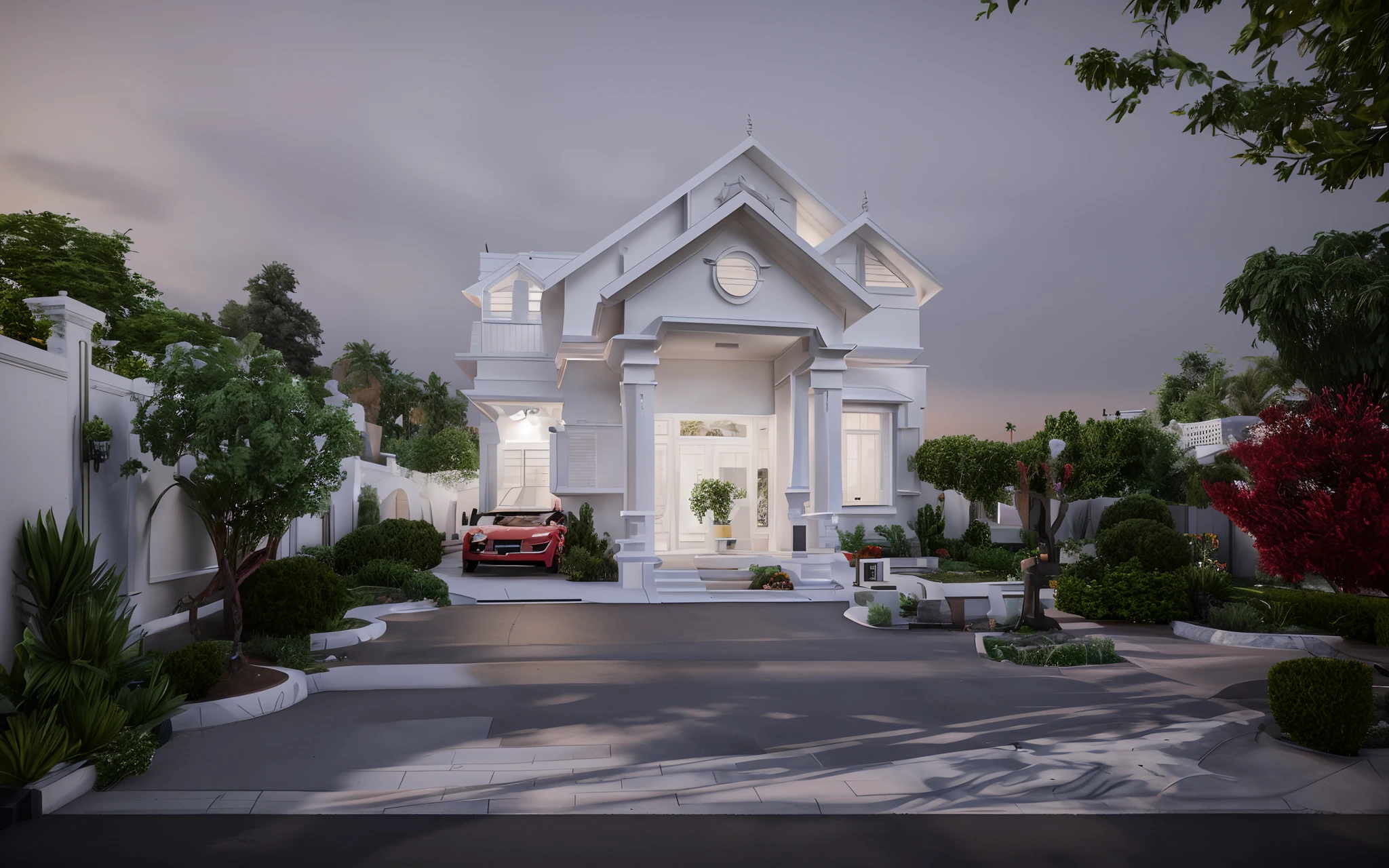 there is a small white house with a red car parked in front, exterior design, inter dimensional villa, frontview, 3 d rendering, 3d rendering, render amazing, 3 d photorealistic render, front view dramatic, beatiful house, front side, clean render, stuning 3 d render, realistic 3 d style, realistic concept, 3 d vray render