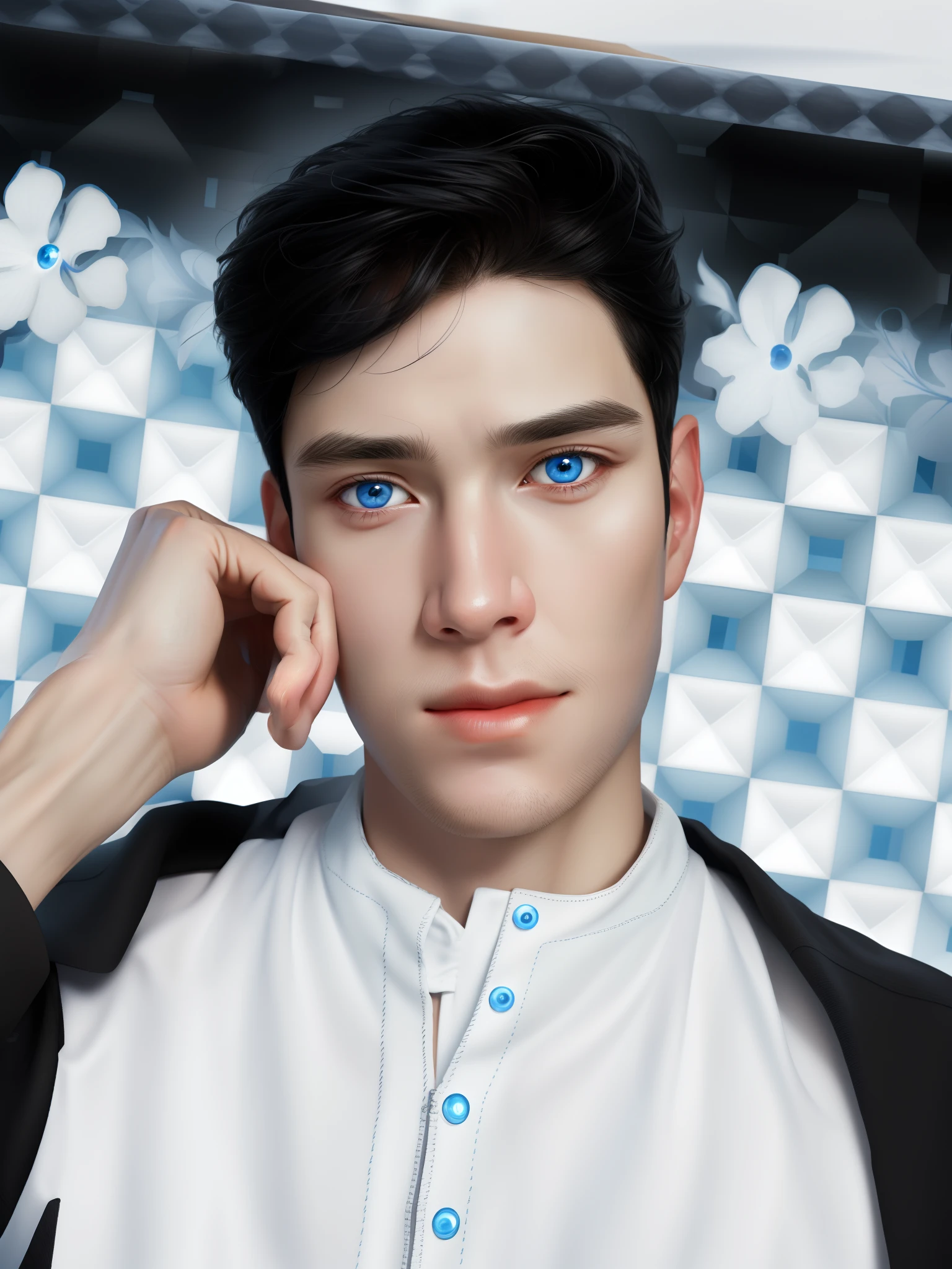 Portrait of a very handsome boy, white skin, black hair and blue eyes, closeup, looking at the viewer, very detailed skin, expressive eyes, thin realitic cartoon-face 8k HD quality enhance HDr realistic-face realistic hair,