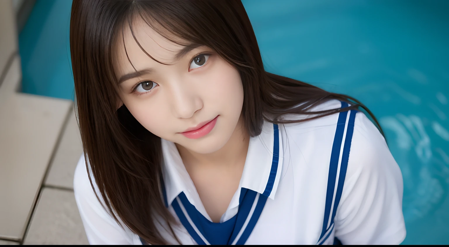 (((32ｋ,high detal,high-detail、​masterpiece,Attention to detail,full body Esbian,Lori,独奏))),Raw photo & realistic atmosphere,beautiful dark blue eyes,Detailed mouth,Glossy lips,Detailed eyebrows,Eyes drawn in detail with soft white skin that shines with every detail、Very beautiful eyes with azure eyes,Detailed lips、Very beautiful face,Very well-formed face、Lifelike face,shiny beautiful lips,Beautiful eyebrows,Infinite reality,Japan High School Uniform Best Design, Realistic Young Gravure Idol,Very cute high school girl, , japanese girl school uniform, Japanese high school  girl , Young Sensual Gravure Idol, Young Gravure Idol, Beautiful and cute１7 year old schoolgirl,the whole body is wet,dripped out,with a flushed face,Tremendously beautiful１7-year-old girl,natural soft light、The body is dripping wet,Sheer clothing,Brown shiny hair,Hair is wet,Dripping water,dripping,（I'm not wearing a skirt,bare-legged,,Wet and see-through white short sleeve shirt,summer clothing,Beautiful kind eyes,Looking at the camera：1.2）,(((Soft body,,Slightly chubby,youthfulness,swimming pools,Sit up,Beautiful smooth legs,Exposed thighs,Gentle smile,well-shaped breasts,,Immature body,Sexy Uniforms,short-cut,The chest is open,Upper Eyes))),（Shot from the air,From directly above,Supine：1.5）