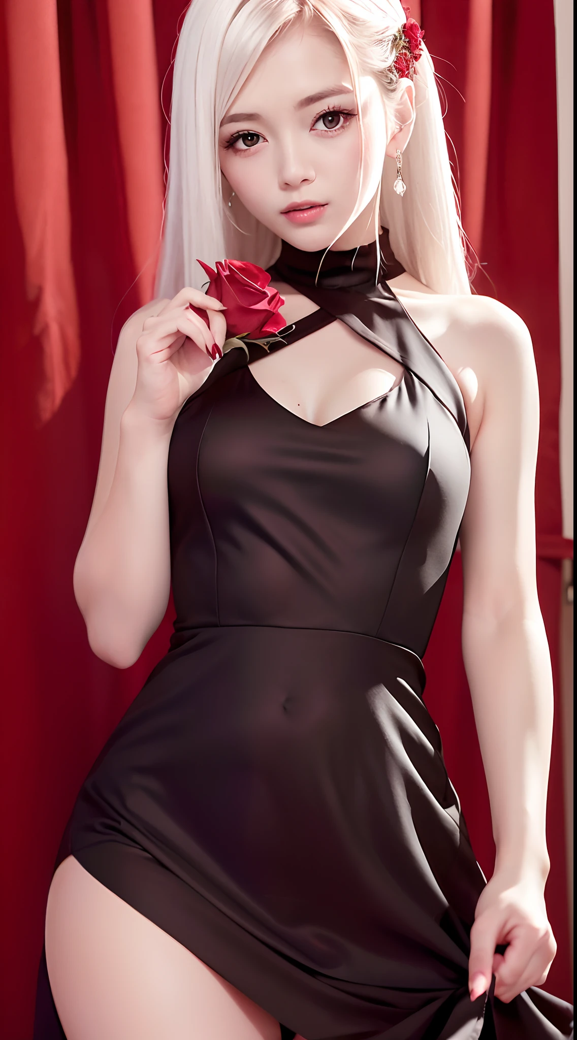 (Best quality, Masterpiece), (1girll, Solo, Black dress, standing , view the viewer, White hair, Red eyes, Holding a rose, Closed mouth, Upper body), (Red Dreamers are behind, Red flower, )