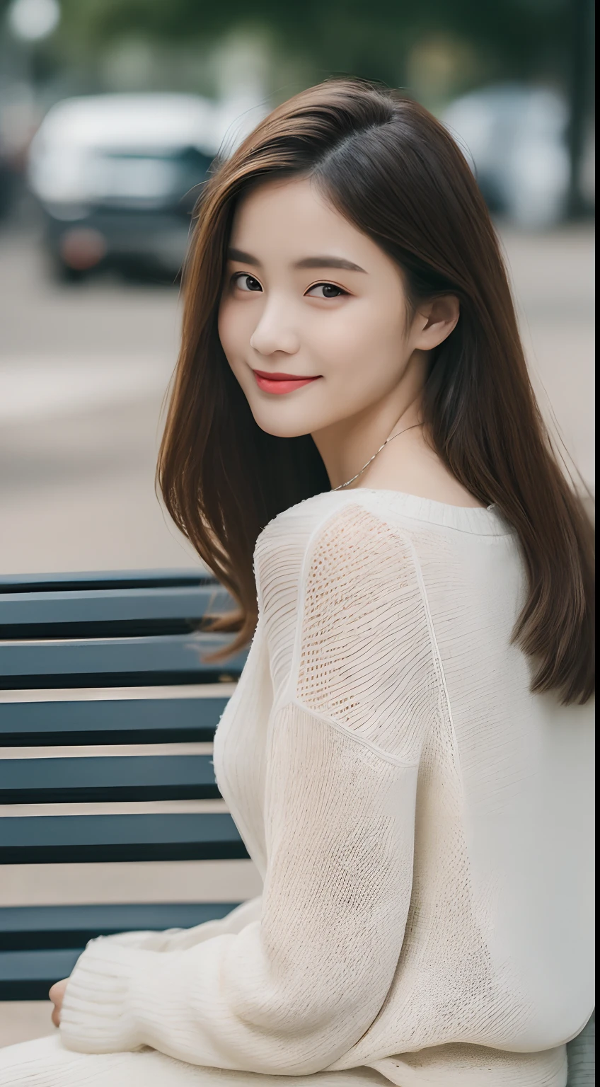 ((top quality, 8k, masterpiece: 1.3)), focus: 1.2, perfect body beauty: 1.4, buttocks: 1.2, (((delicate hair)), (sweater dress: 1.1), (sports car, street: 1.2), highly detailed face and skin texture, narrow eyes, double eyelids, whitened skin, smile, necklace, ring, person sitting on a park bench.