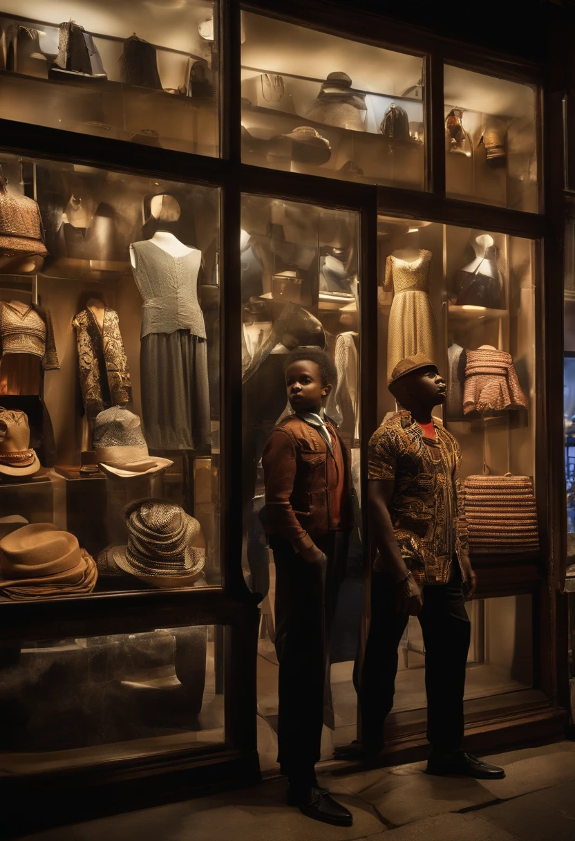 "Professional photographer captures retro, assorted-brand TVs, stacked vertically in a European Gothic-style apparel shop's window display. Night scene illuminated by shop's inner light, with an intrigued African-American father, around 40, and his -yeld sobserving."