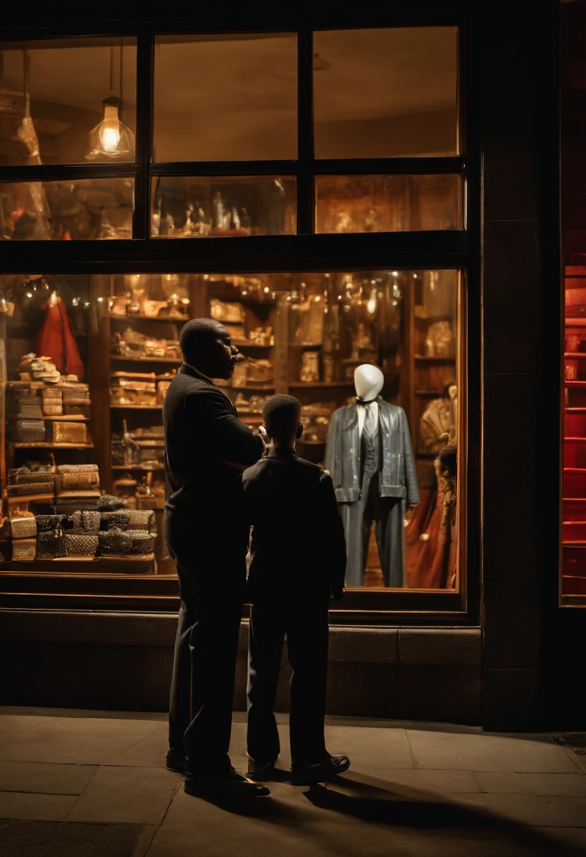 "Professional photographer captures retro, assorted-brand TVs, stacked vertically in a European Gothic-style apparel shop's window display. Night scene illuminated by shop's inner light, with an intrigued African-American father, around 40, and his -yeld sobserving."