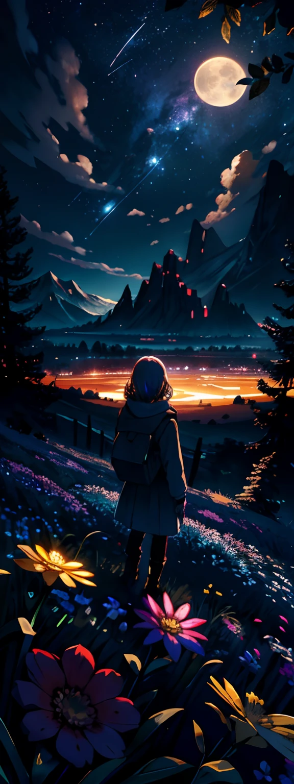 Expansive landscape photograph, (view from below with a view of the sky and the wilderness below), little girl standing in a flower field looking up, (full moon: 1.2), (shooting star: 0.9), (nebula: 1.3), distant mountain, tree break production art, (warm light source: 1.2), (firefly: 1.2), lamp, purple and orange, intricate detail, volume lighting BREAK (masterpiece: 1.2), (highest quality ), 4k, ultra-detailed, (dynamic configuration: 1.4), highly detailed and colorful details (iridescent: 1.2), (sparkling lighting, atmospheric lighting), dreamy, magical, (solo: 1.2)