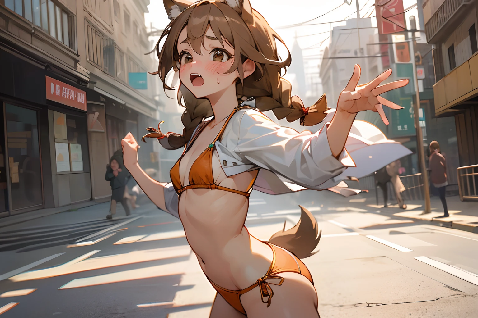 (Two braids, open mouth and blush face, Best Quality), ((Masterpiece)), (High Definition:1.3), Beautiful,(Masterpiece), Realistic, sprkle, Beautiful photo, wide-shot, dirty street、1girl, dance, skin fang, Slender small breasts、dog ears, light brown hair、Cute Beautiful Girl、Small Bikini