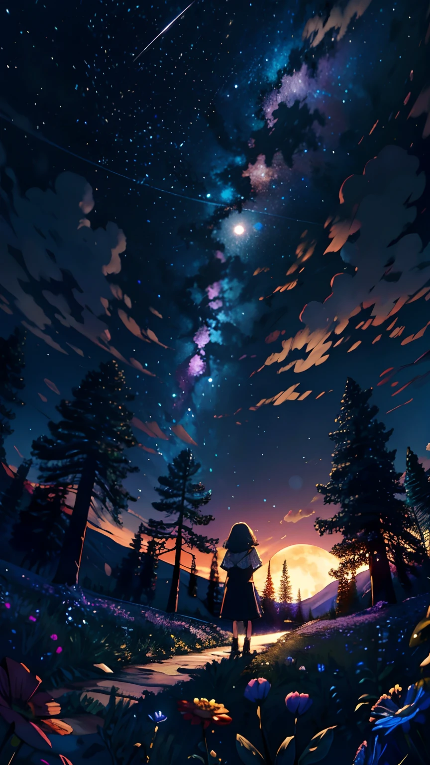 Expansive landscape photograph, (view from below with a view of the sky and the wilderness below), little girl standing in a flower field looking up, (full moon: 1.2), (shooting star: 0.9), (nebula: 1.3), distant mountain, tree break production art, (warm light source: 1.2), (firefly: 1.2), lamp, purple and orange, intricate detail, volume lighting BREAK (masterpiece: 1.2), (highest quality ), 4k, ultra-detailed, (dynamic configuration: 1.4), highly detailed and colorful details (iridescent: 1.2), (sparkling lighting, atmospheric lighting), dreamy, magical, (solo: 1.2)
