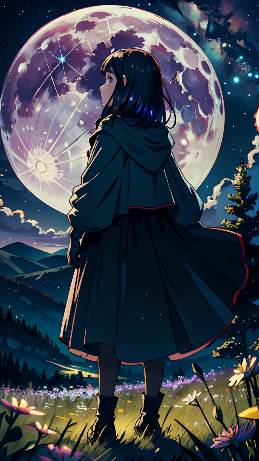 Expansive landscape photograph, (view from below with a view of the sky and the wilderness below), little girl standing in a flower field looking up, (full moon: 1.2), (shooting star: 0.9), (nebula: 1.3), distant mountain, tree break production art, (warm light source: 1.2), (firefly: 1.2), lamp, purple and orange, intricate detail, volume lighting BREAK (masterpiece: 1.2), (highest quality ), 4k, ultra-detailed, (dynamic configuration: 1.4), highly detailed and colorful details (iridescent: 1.2), (sparkling lighting, atmospheric lighting), dreamy, magical, (solo: 1.2)