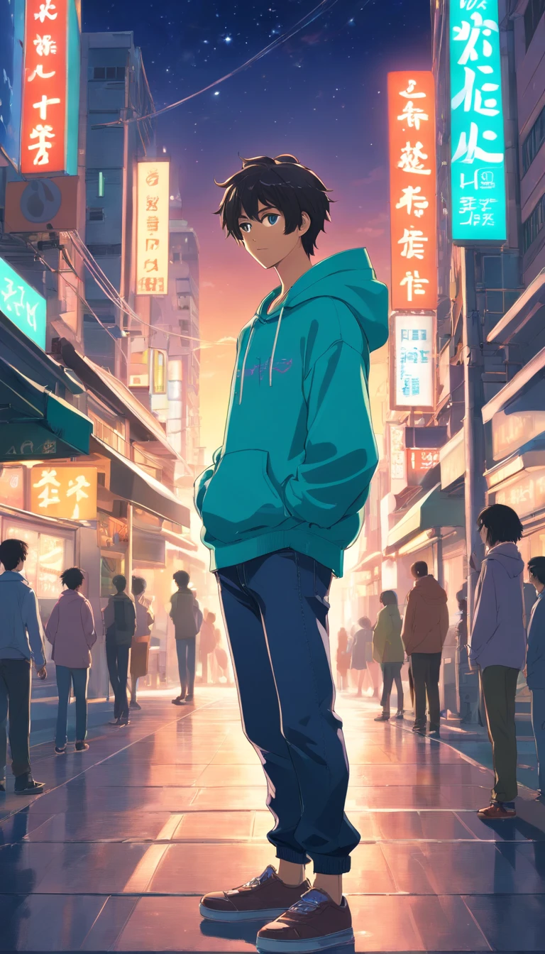 ​masterpiece、Adults、African American male、20-years old、A dark-haired、Black hoodie、Black denim pants, teal t-shirt with cool logo on it、Jheri curl hairstyle, cur、Eyes drawn in detail、a handsome、Inside the city、starrysky、Mystical light、Dramatic light、Cinematic power、