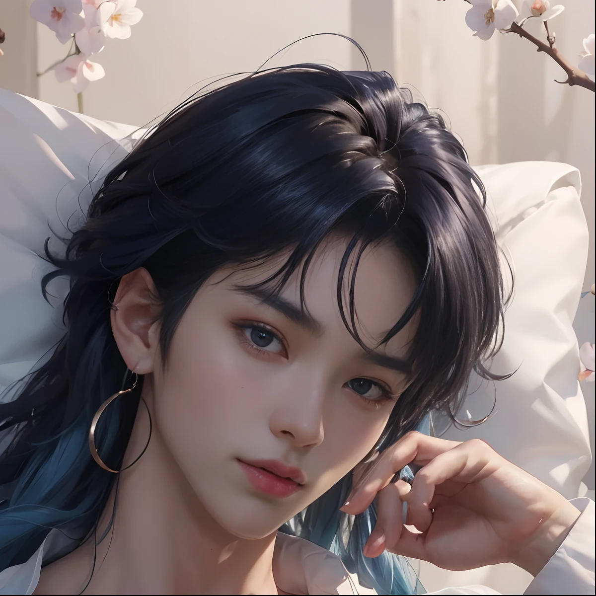 (Ultra detailed quality: 1.5, 8k photo, Ultra HD photo, Sharpness: 1.5, Super detailed photo sharpness, Super high resolution), 1 guy, Super handsome, The most beautiful boy in the world , Beautiful male model, Attractive male lead 18-22 years old, Long hair, (Blue hair: 1.5), Natural skin, smooth, Cute, Korean, Wearing earrings, Transparent white shirt , ((Shirtless)), Six-pack abs, Toned abs, Hairless, White panties, ((Black shorts)), Summer, Green lawn, Blue sky