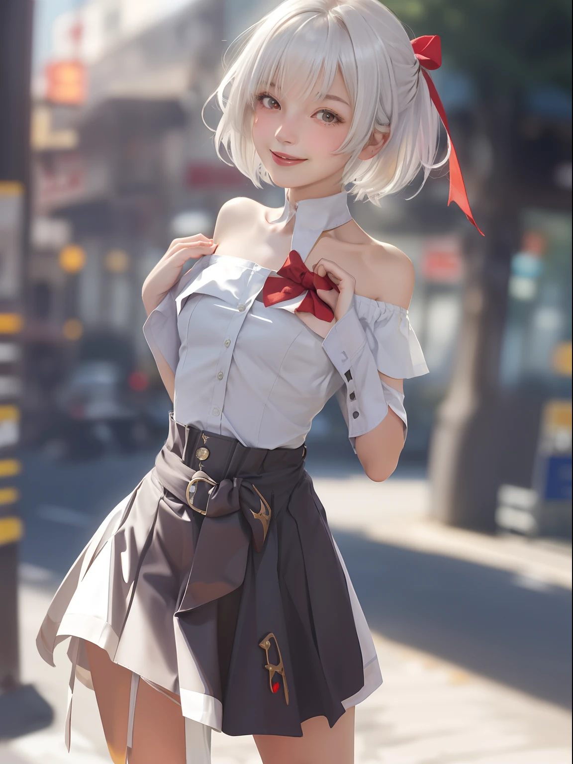 masterpiece, best quality,1girl, solo, bangs, left hair ribbon, (small breasts:1.4), red eyes, short hair, smile, solo, white hair, (Strapless:1.1), (off-the-shoulder:1.1), (cowboy shot:1.2), city, (uniform:1.2), (partially_unbuttoned:1.1), (Externally expanded Chest:1.2), skirt, (bent over:1.2),