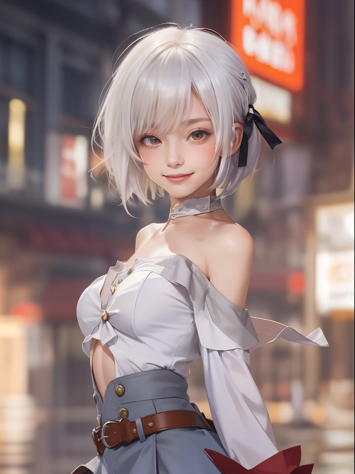 masterpiece, best quality,1girl, solo, bangs, left hair ribbon, (small breasts:1.4), red eyes, short hair, smile, solo, white hair, (Strapless:1.1), (off-the-shoulder:1.1), (cowboy shot:1.2), city, (uniform:1.2), (partially_unbuttoned:1.1), (Externally expanded Chest:1.2), skirt, (bent over:1.2),