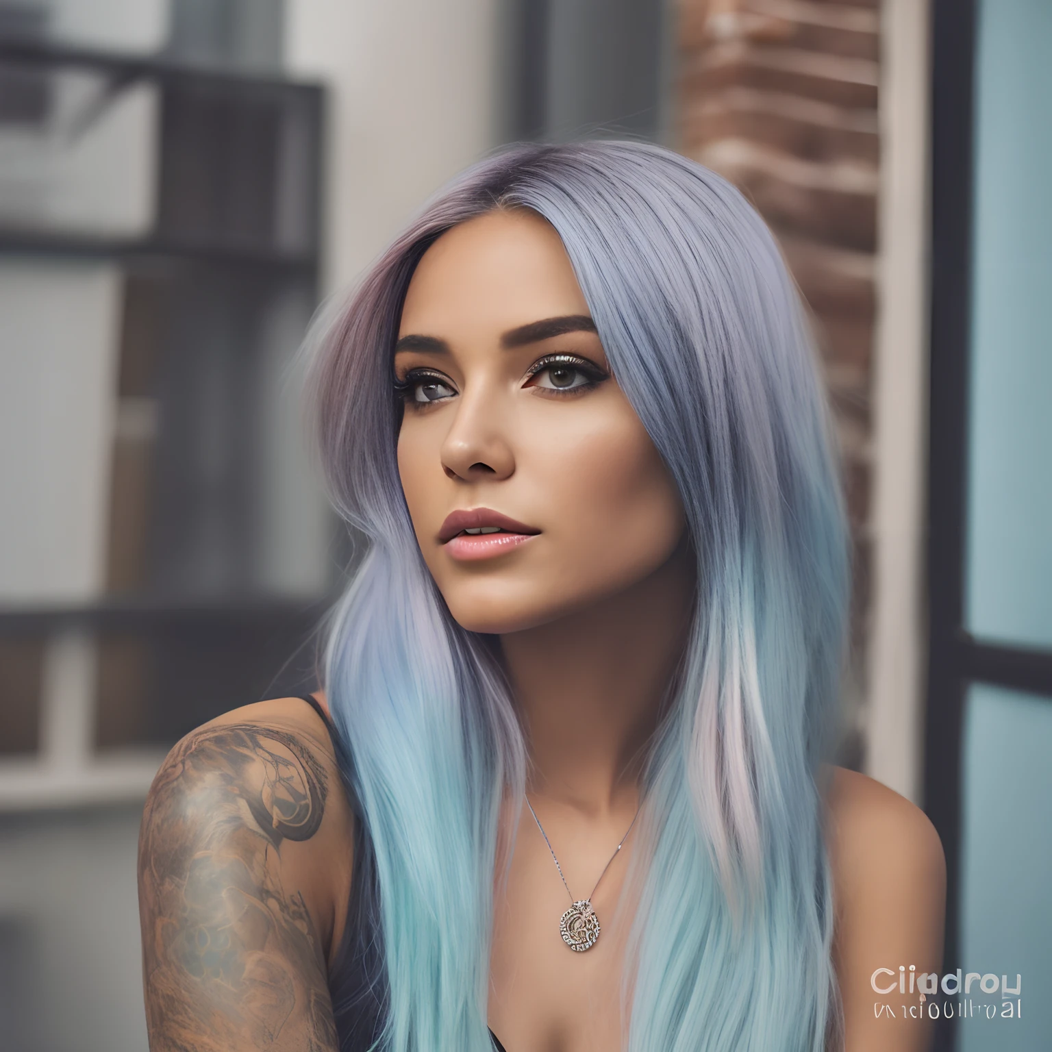 um close up de uma mulher com longos cabelos azuis e tatuagens, cabelos longos com cores pastel, retrato colorido, pastel colorido, pastel-hued, cor pastel, transbordamento de pastel, Cabelos Pastel, cabelo liso azul celeste, vibe pastel, Cabelos Coloridos, color photograph portrait 4k, vivid pastel colors, azul pastel, Cool tonalizado, fantastically pastel colors, cabelos azuis claros