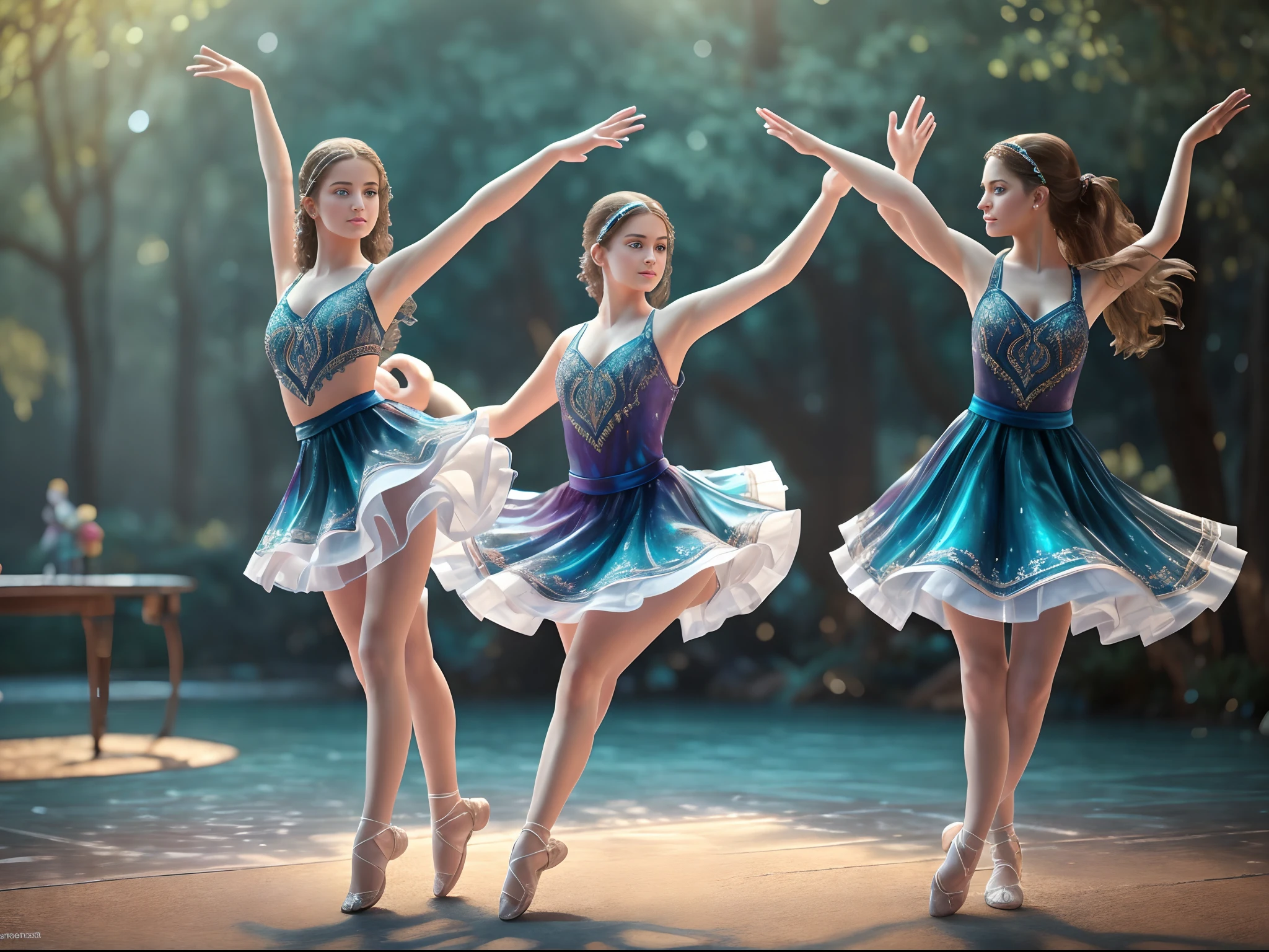 beautiful teen girl is doing falk dance with her friend, looking into the camera, photorealistic painting, sharp focus, 8k, perfect composition, trending on art station, award-winning photograph, unreal engine 5, cinematic smooth, intricate detail, highly detailed, from below, splash, fractal art, god ray, rainbow, in the park