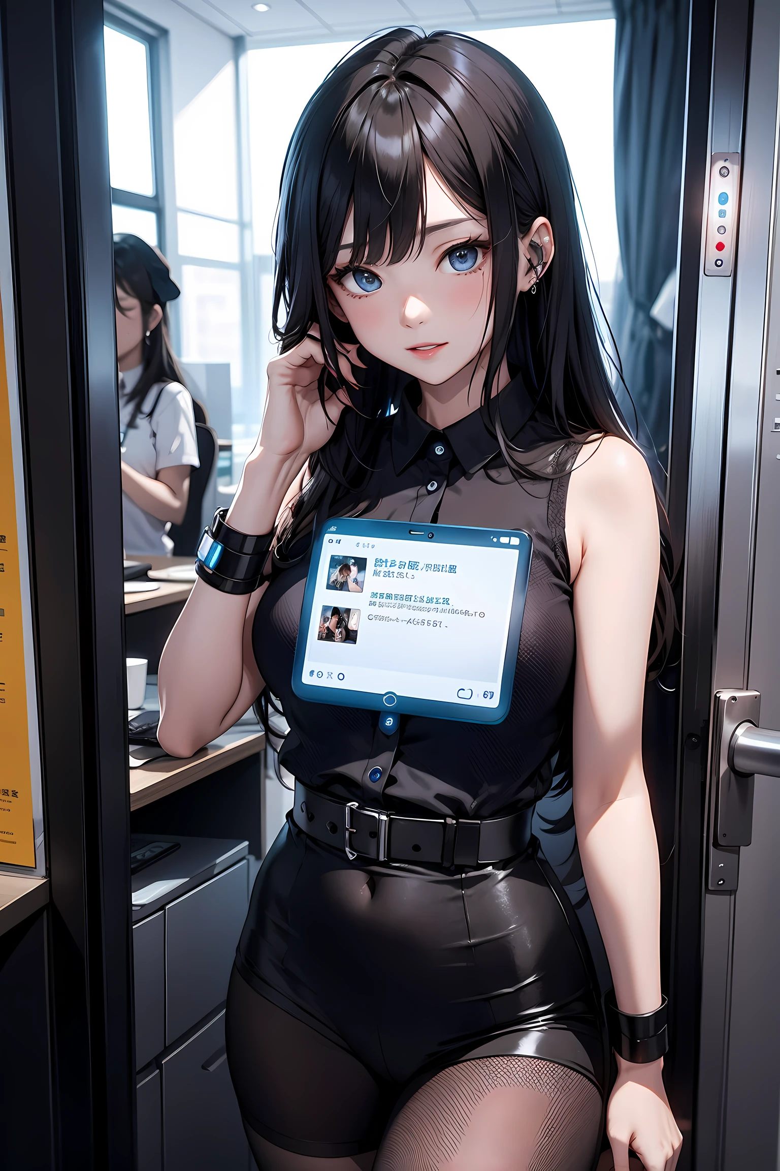 The office district of the near future、Office worker using a smartphone mounted on his arm。Beauty OL,Holograms displayed from a smartphone on your arm、