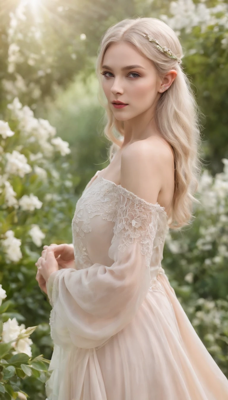 (best quality,4k,8k,highres,masterpiece:1.2),ultra-detailed,(upper body),(realistic,photorealistic,photo-realistic:1.37),long and elegant elf-like ears,fair and porcelain-like skin,gently flowing platinum blonde hair,piercing and enchanting green eyes,feminine and delicate facial features,gently rosy cheeks,slender and graceful figure,wearing an ethereal flowing gown made of silk and lace,Mediterranean garden with blooming flowers,soft and warm sunlight illuminating the scene,vibrant and lush greenery surrounding the garden,refreshing fragrance of the flowers filling the air,crystal-clear pond reflecting the beauty of the garden,peaceful and serene atmosphere,subtle and harmonious color palette with pastel tones,soft and dreamlike lighting creating a magical ambiance.
