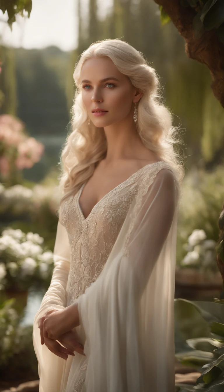 (best quality,4k,8k,highres,masterpiece:1.2),ultra-detailed,(upper body),(realistic,photorealistic,photo-realistic:1.37),long and elegant elf-like ears,fair and porcelain-like skin,gently flowing platinum blonde hair,piercing and enchanting green eyes,feminine and delicate facial features,gently rosy cheeks,slender and graceful figure,wearing an ethereal flowing gown made of silk and lace,Mediterranean garden with blooming flowers,soft and warm sunlight illuminating the scene,vibrant and lush greenery surrounding the garden,refreshing fragrance of the flowers filling the air,crystal-clear pond reflecting the beauty of the garden,peaceful and serene atmosphere,subtle and harmonious color palette with pastel tones,soft and dreamlike lighting creating a magical ambiance.