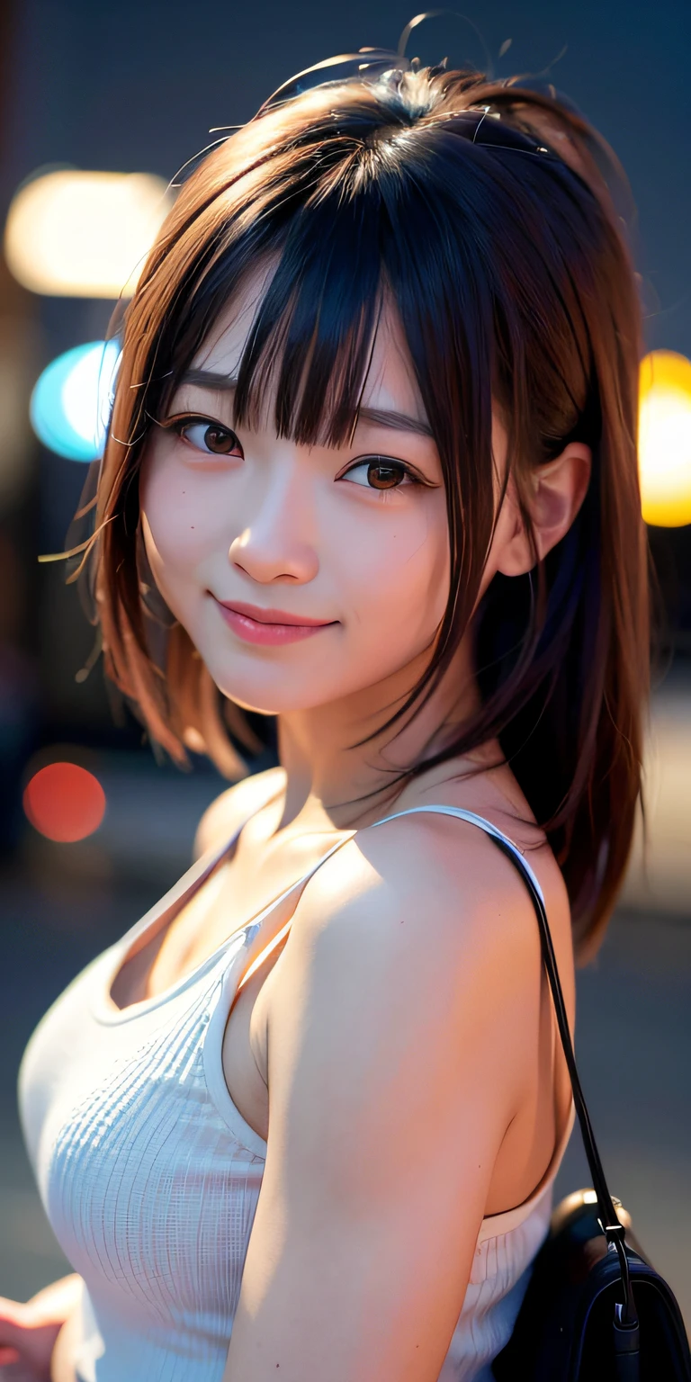 1girl, Tokyo street,night, cityscape,city lights,upper body,close-up,smile,, (8k, RAW photo, best quality, masterpiece:1.2),(realistic, photo-realistic:1.37),