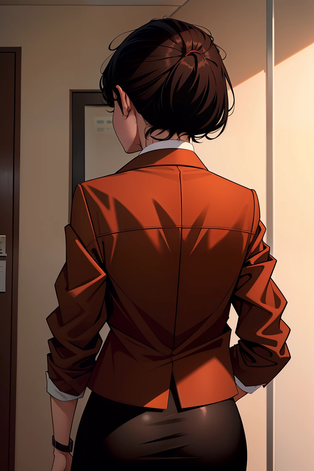 backside view, woman, short black hair, wearing a brown office jacket, white shirt, red tie, brown office skirt, walking, no background,