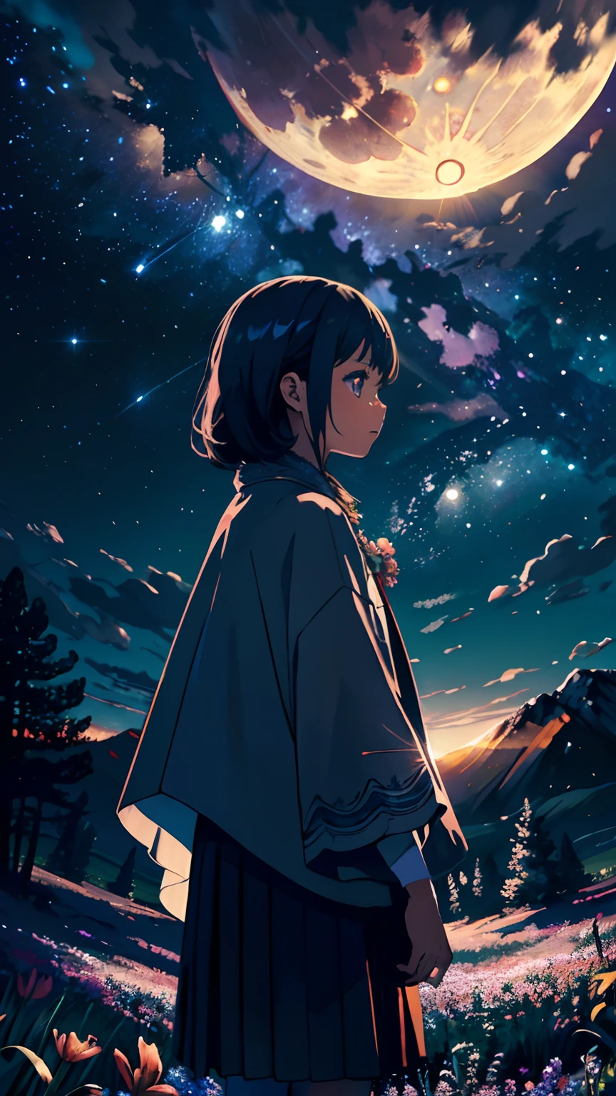 Expansive landscape photograph, (view from below with a view of the sky and the wilderness below), little girl standing in a flower field looking up, (full moon: 1.2), (shooting star: 0.9), (nebula: 1.3), distant mountain, tree break production art, (warm light source: 1.2), (firefly: 1.2), lamp, purple and orange, intricate detail, volume lighting BREAK (masterpiece: 1.2), (highest quality ), 4k, ultra-detailed, (dynamic configuration: 1.4), highly detailed and colorful details (iridescent: 1.2), (sparkling lighting, atmospheric lighting), dreamy, magical, (solo: 1.2)