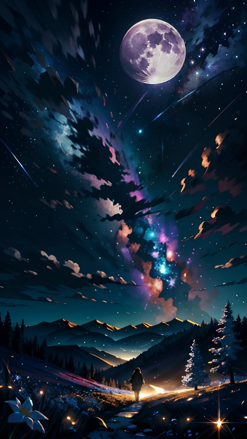 Expansive landscape photograph, (view from below with a view of the sky and the wilderness below), little girl standing in a flower field looking up, (full moon: 1.2), (shooting star: 0.9), (nebula: 1.3), distant mountain, tree break production art, (warm light source: 1.2), (firefly: 1.2), lamp, purple and orange, intricate detail, volume lighting BREAK (masterpiece: 1.2), (highest quality ), 4k, ultra-detailed, (dynamic configuration: 1.4), highly detailed and colorful details (iridescent: 1.2), (sparkling lighting, atmospheric lighting), dreamy, magical, (solo: 1.2)