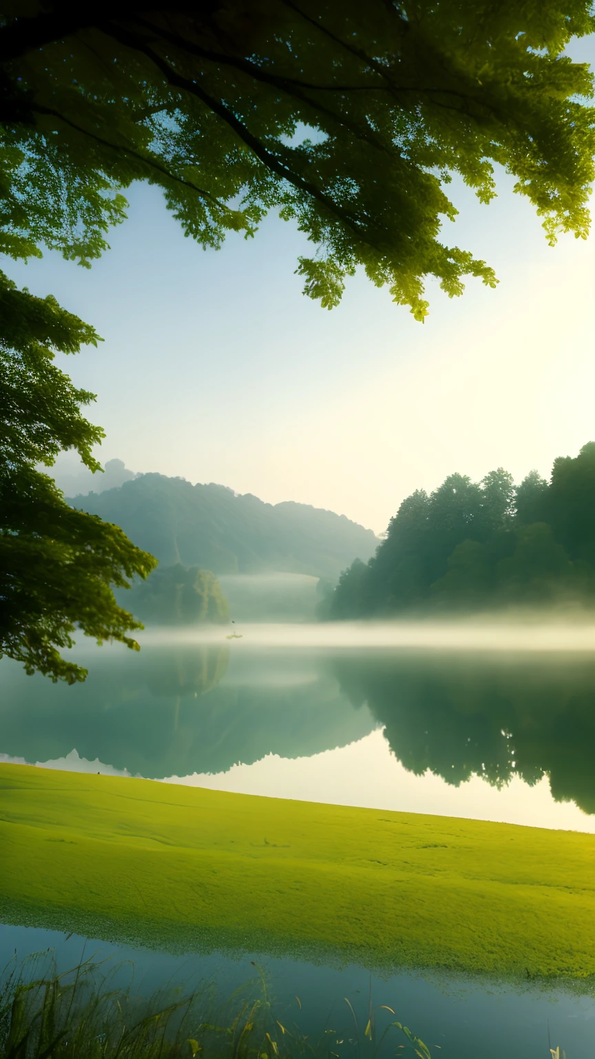 A tranquil and peaceful scene, featuring a serene lake nestled among rolling hills and surrounded by a verdant forest, with a misty morning fog that adds an air of mystery and enchantment, artstation, digital art, intricate, trending, muted colors