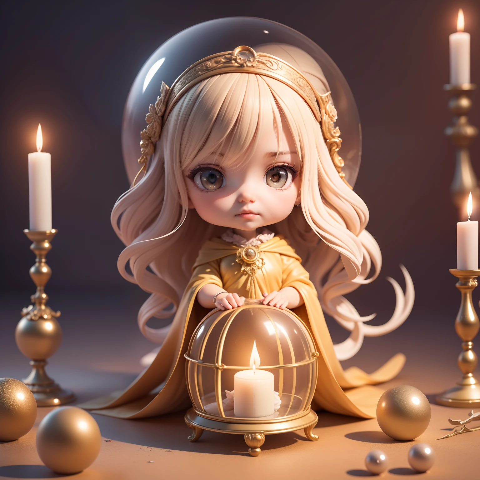 Cute Baby Chibi Anime、(((Chibi 3D))) (Best Quality), (masutepiece)、Old witch sitting on Kadilau's chair in the background ，She was holding Soniste's crow。 On the table in front of her is、The crystal ball was transparent， There is a mysterious fantasy world in the crystal ball，Several candles were lit next to it ，A sideways glance at the camera，Be thoughtful，Pack in sheets，hermit，Marble statue of，Deep octane rendering,Candlelight lighting、barroco、European，Anatomically correct，super detailed