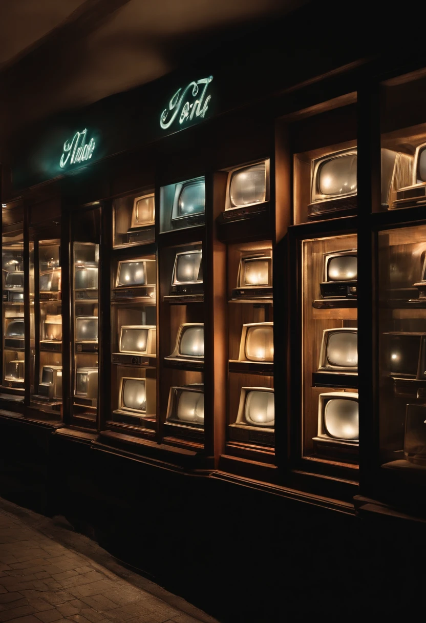 "Professional photo capturing twelve retro TVs lined up vertically in a Gothic-style European apparel shop window at night. An intrigued African-American father, around 40, and his curious 10-year-old son gaze at the lineup, with the shop's light casting a glow on the street."