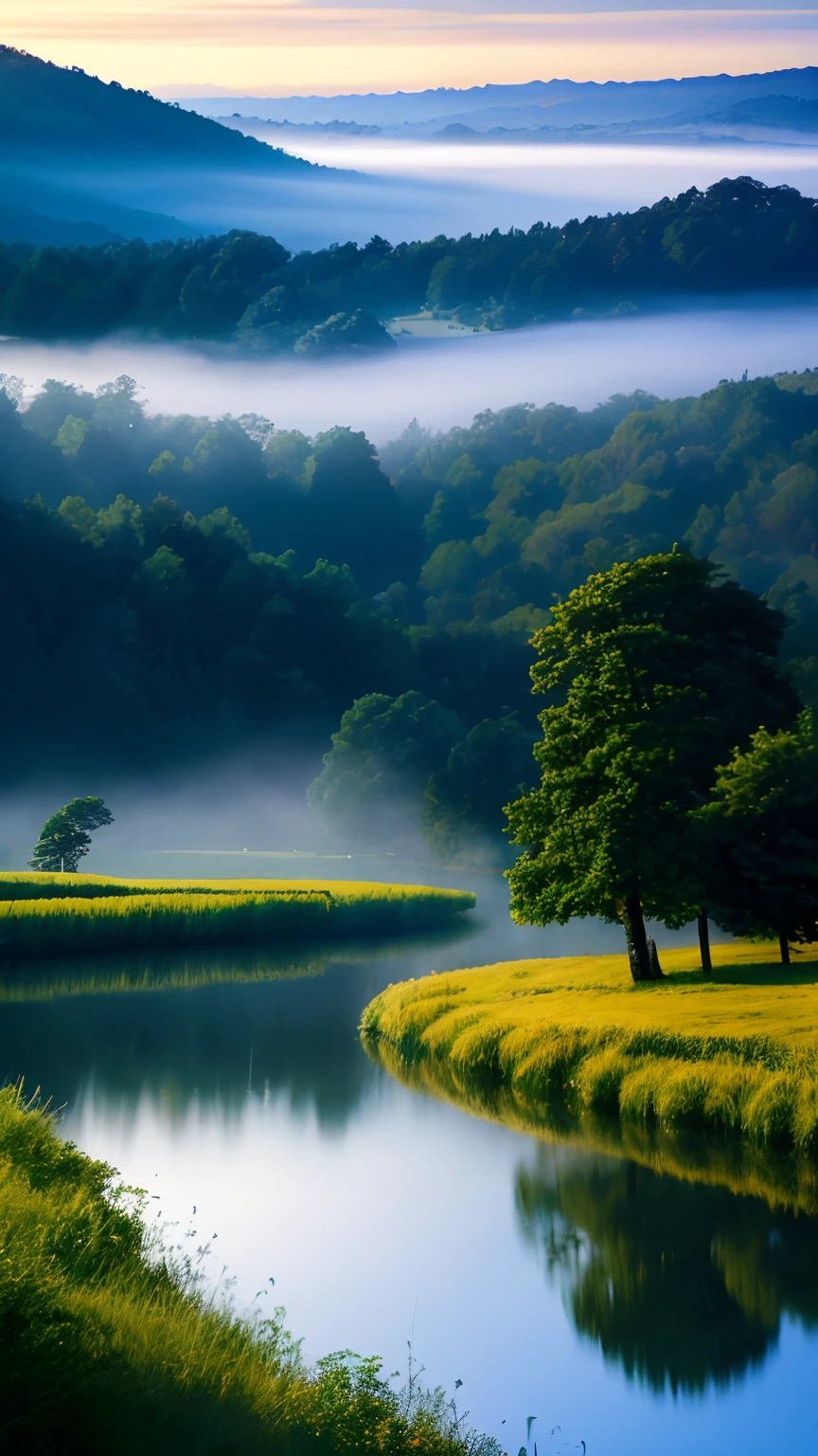 A tranquil and peaceful scene, featuring a serene lake nestled among rolling hills and surrounded by a verdant forest, with a misty morning fog that adds an air of mystery and enchantment, artstation, digital art, intricate, trending, muted colors