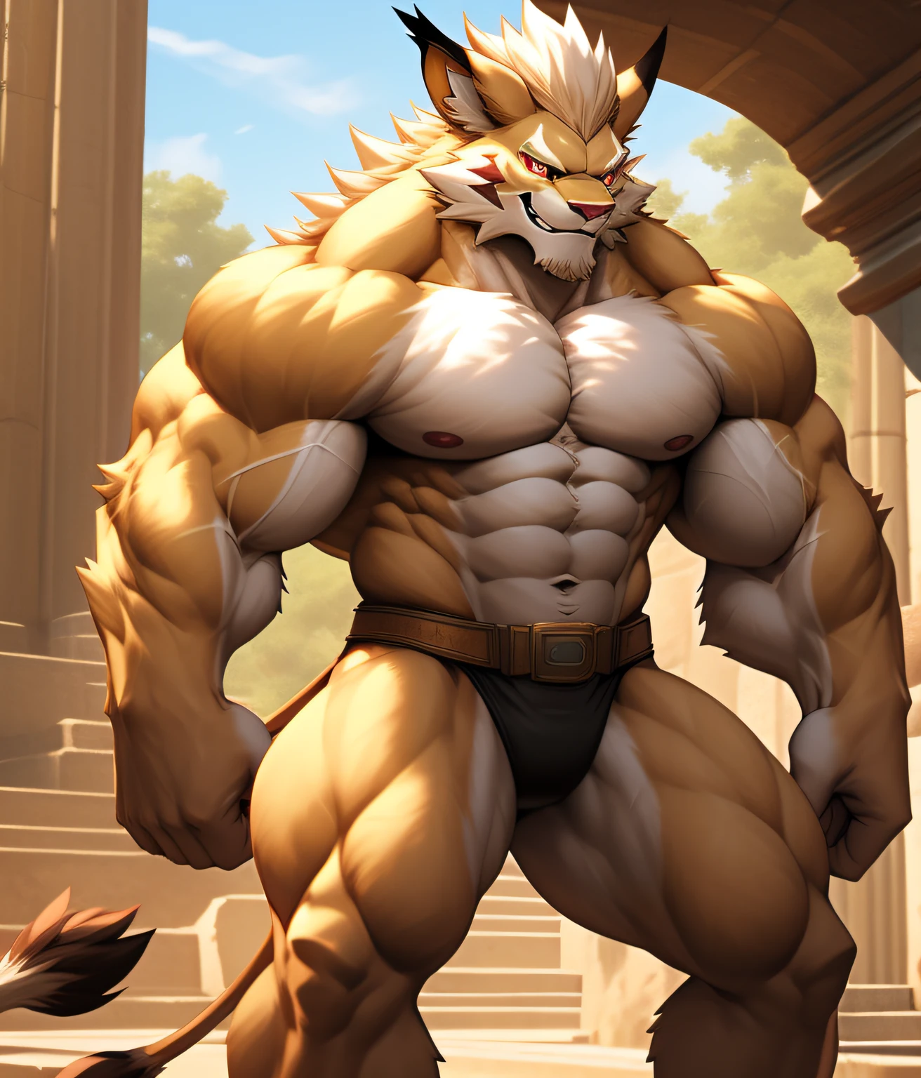 nj5furry, (Leomon, massive, huge), Leomon, ((extremely realistic shadows, masterpiece, extremely detailed, photorealistic)), kemono, the fur on his torso and thighs is the same color as the fur on his back, (((LIGHT BROWN FUR))) Leomon, ((detailed face)) red nose, red eyes, ((detailed eyes)), tan skin, tan fur, tan hair, height 3 meters high, the optimal height, tight clothing, body full of muscles; muscle pecs, ripped abs, V-shaped body, thick waist, long legs, strong arms manly, handsome face, attractive cool calm face type with a cold smile, topless. Ruins of a Jedi temple behind him; wears a tiny tight thong that reveals huge, muscular thighs and a light brown fabric belt.