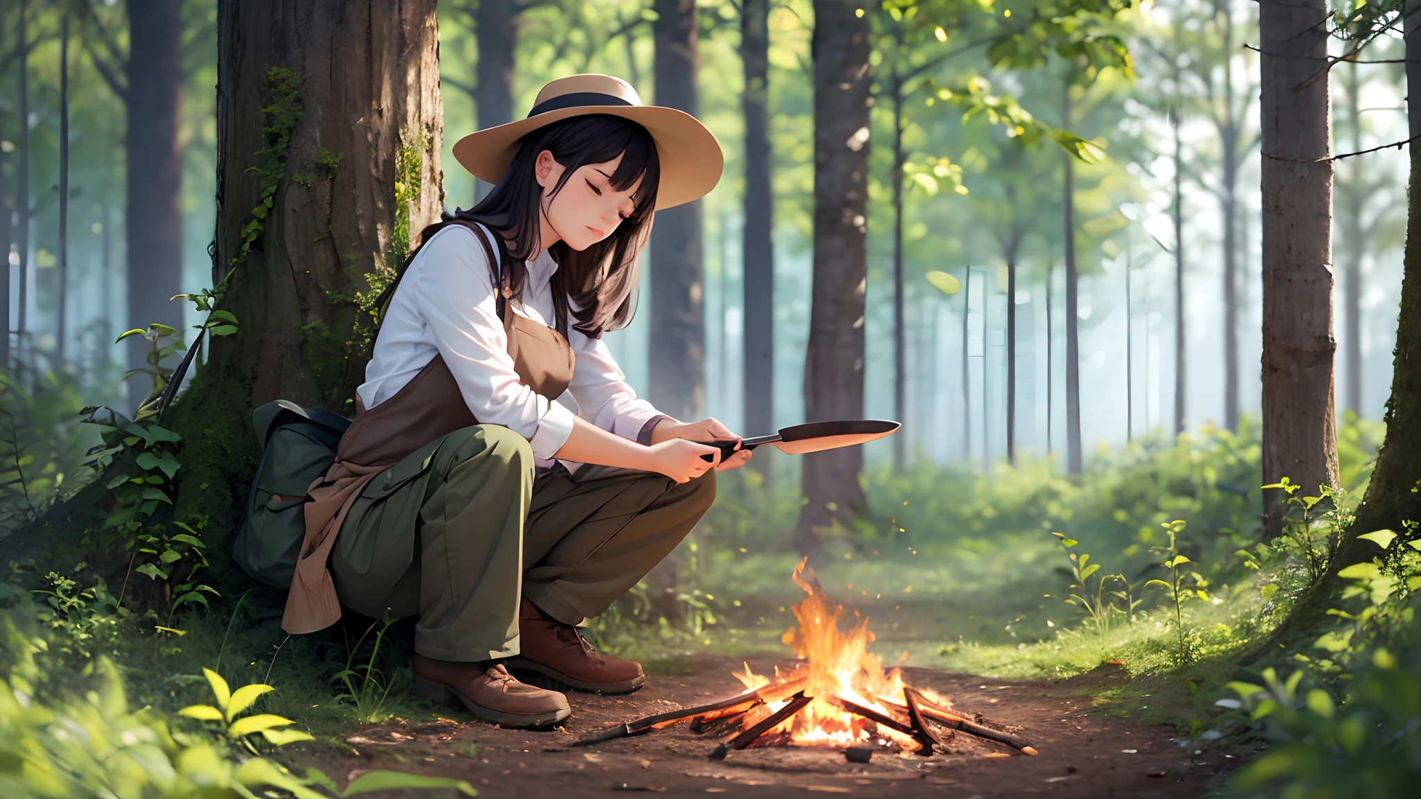 woman at rest, bushcraft, cooking on a fire, forest, sunny day, photorealistic shot --auto --s2