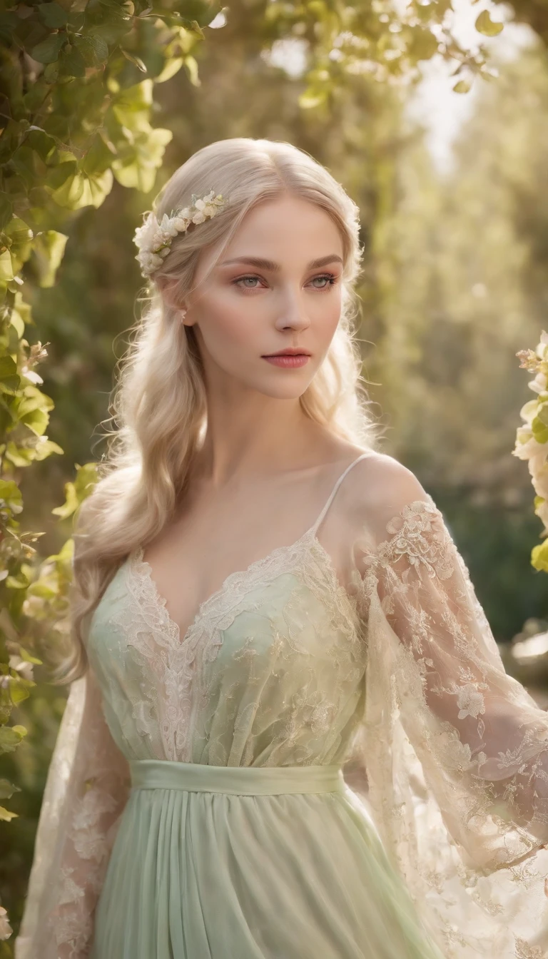 (best quality,4k,8k,highres,masterpiece:1.2),ultra-detailed,(medium close-up),(realistic,photorealistic,photo-realistic:1.37),long and elegant elf-like ears,fair and porcelain-like skin,gently flowing platinum blonde hair,piercing and enchanting green eyes,feminine and delicate facial features,gently rosy cheeks,slender and graceful figure,wearing an ethereal flowing gown made of silk and lace,Mediterranean garden with blooming flowers,soft and warm sunlight illuminating the scene,vibrant and lush greenery surrounding the garden,refreshing fragrance of the flowers filling the air,crystal-clear pond reflecting the beauty of the garden,peaceful and serene atmosphere,subtle and harmonious color palette with pastel tones,soft and dreamlike lighting creating a magical ambiance.