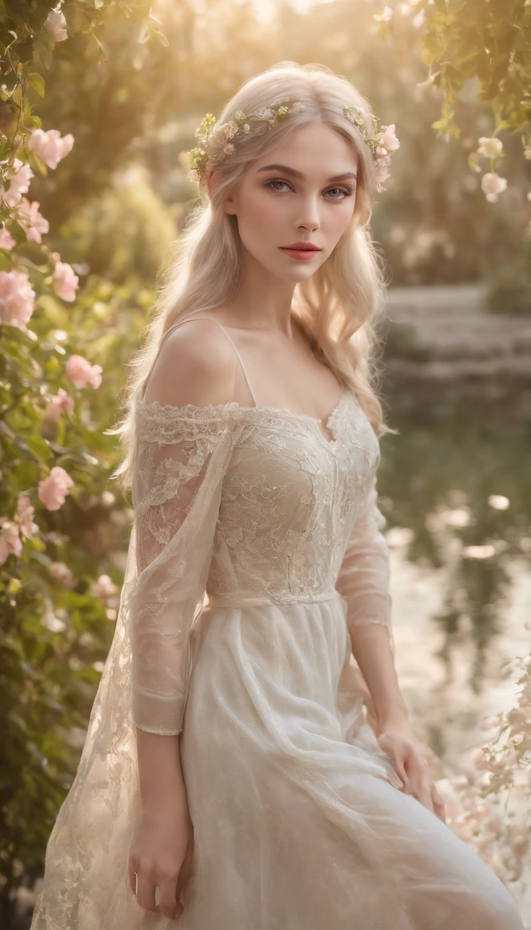 (best quality,4k,8k,highres,masterpiece:1.2),ultra-detailed,(medium close-up),(realistic,photorealistic,photo-realistic:1.37),long and elegant elf-like ears,fair and porcelain-like skin,gently flowing platinum blonde hair,piercing and enchanting green eyes,feminine and delicate facial features,gently rosy cheeks,slender and graceful figure,wearing an ethereal flowing gown made of silk and lace,Mediterranean garden with blooming flowers,soft and warm sunlight illuminating the scene,vibrant and lush greenery surrounding the garden,refreshing fragrance of the flowers filling the air,crystal-clear pond reflecting the beauty of the garden,peaceful and serene atmosphere,subtle and harmonious color palette with pastel tones,soft and dreamlike lighting creating a magical ambiance.