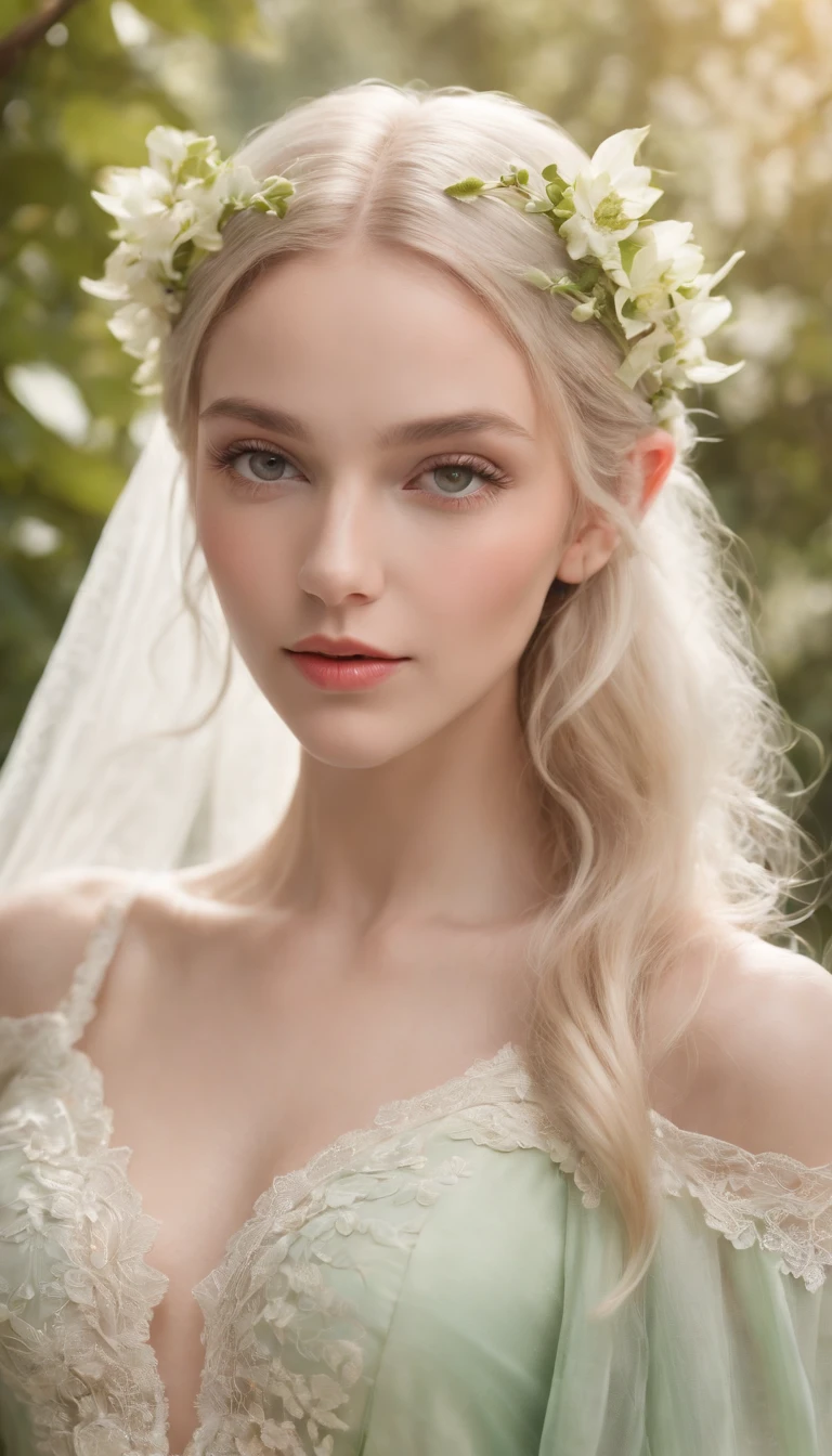 (best quality,4k,8k,highres,masterpiece:1.2),ultra-detailed,(medium close-up),(realistic,photorealistic,photo-realistic:1.37),long and elegant elf-like ears,fair and porcelain-like skin,gently flowing platinum blonde hair,piercing and enchanting green eyes,feminine and delicate facial features,gently rosy cheeks,slender and graceful figure,wearing an ethereal flowing gown made of silk and lace,Mediterranean garden with blooming flowers,soft and warm sunlight illuminating the scene,vibrant and lush greenery surrounding the garden,refreshing fragrance of the flowers filling the air,crystal-clear pond reflecting the beauty of the garden,peaceful and serene atmosphere,subtle and harmonious color palette with pastel tones,soft and dreamlike lighting creating a magical ambiance.